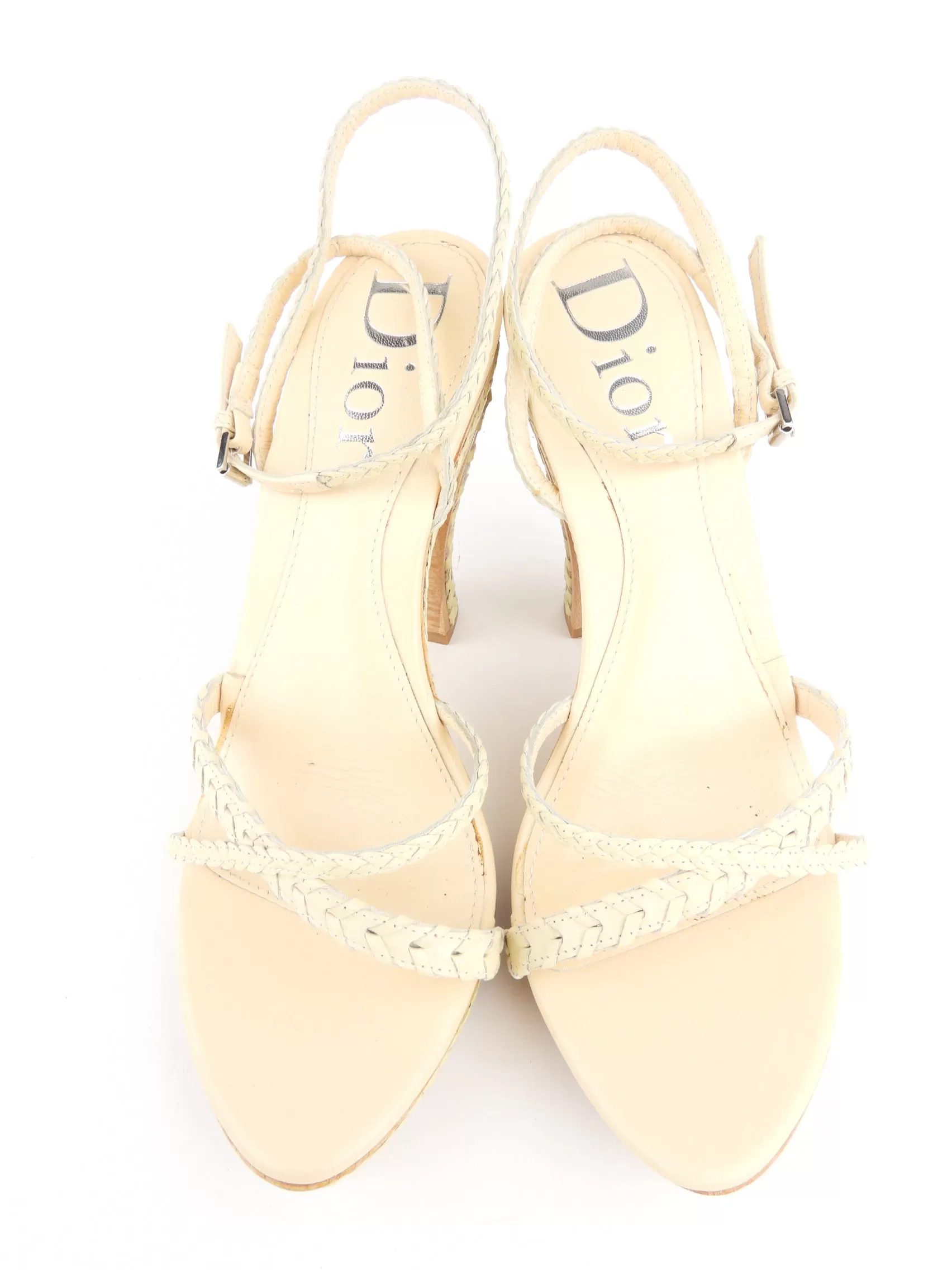 Dior Vintage Beige Braided Leather and Wood Gauchos Platform Sandals - 40