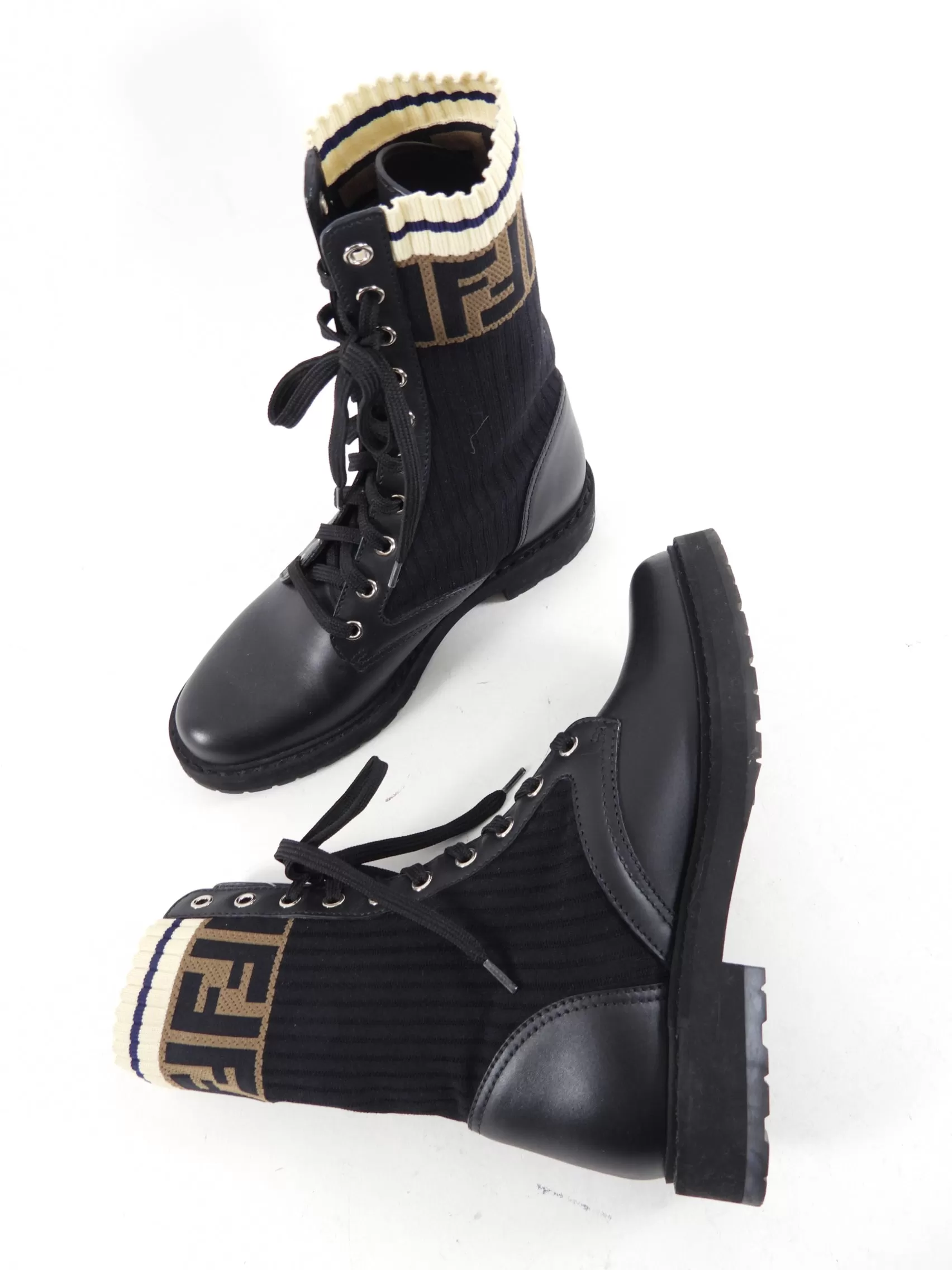 Fendi Black Leather Lace Up Ankle Boots with Zucca Trim - 36