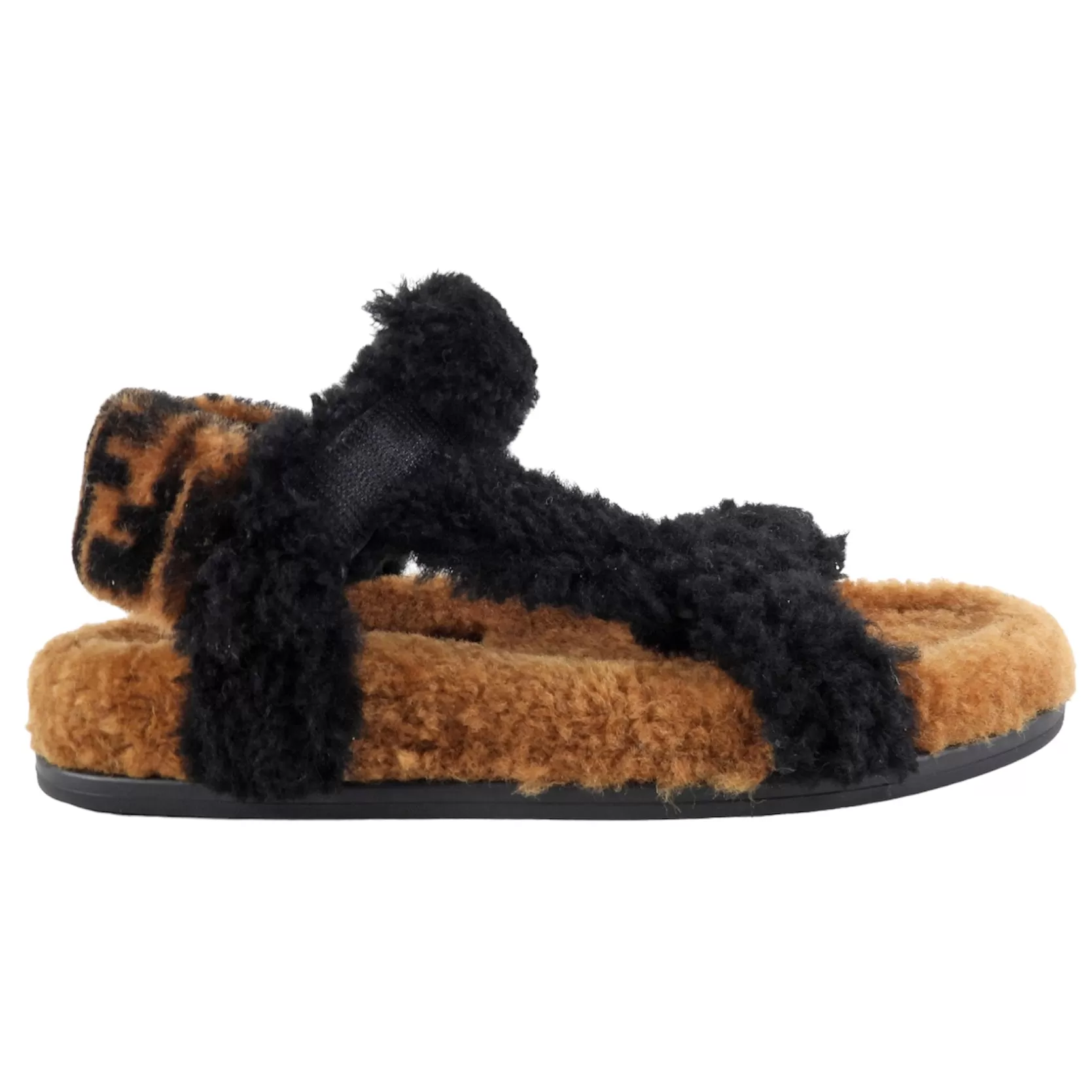 Fendi Brown and Black Zucca Logo Shearling Sandals - 37