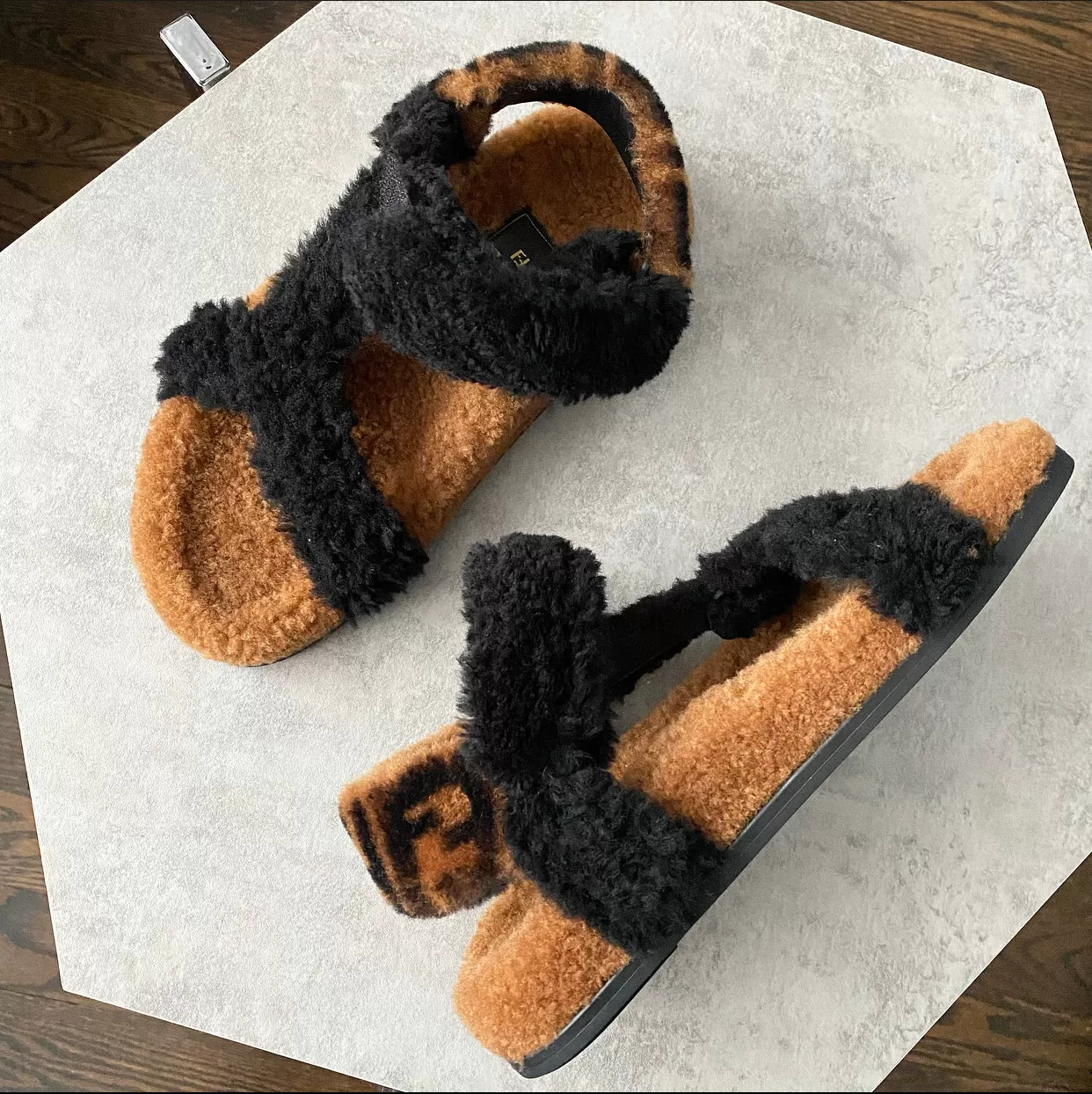 Fendi Brown and Black Zucca Logo Shearling Sandals - 37