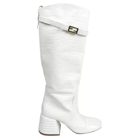 Fendi White Croc-Embossed Knee-High Block Heel Boots - EU40