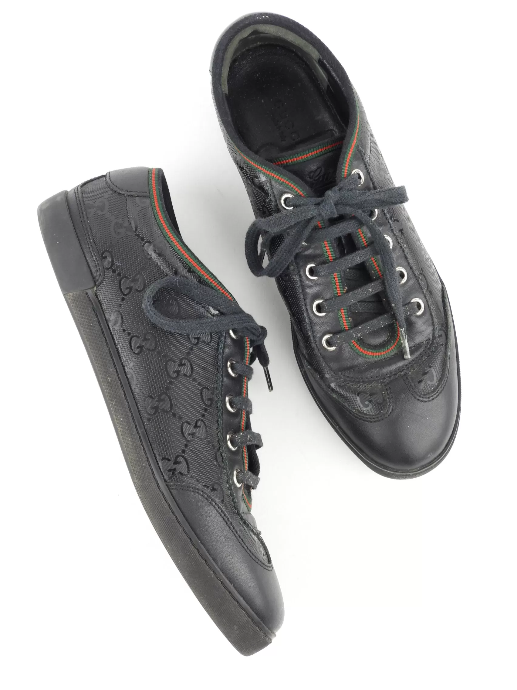 Gucci Black Supreme Monogram and Leather Web Trim Lace Up Sneakers - 37.5