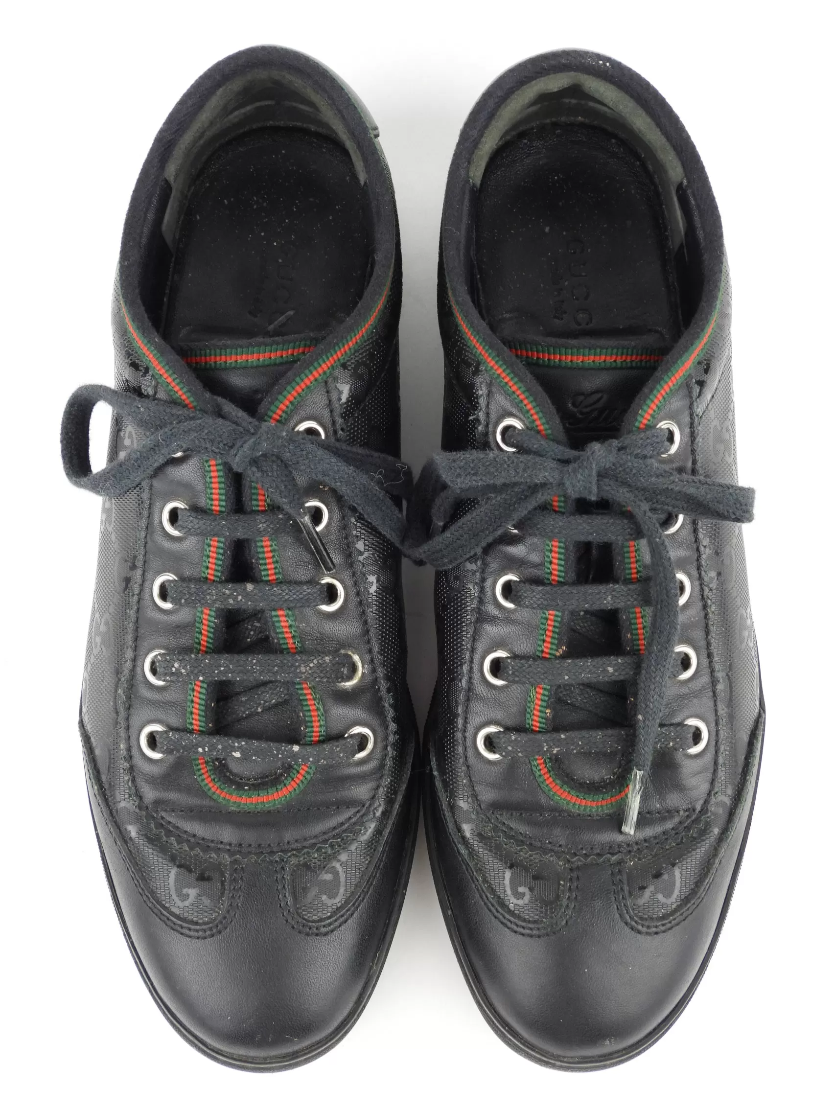 Gucci Black Supreme Monogram and Leather Web Trim Lace Up Sneakers - 37.5