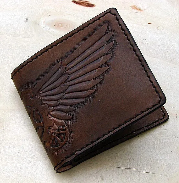 Hancrafted bifold wallet with steampunk wings