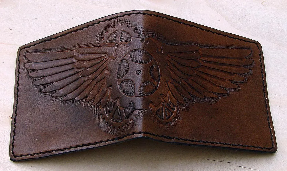 Hancrafted bifold wallet with steampunk wings