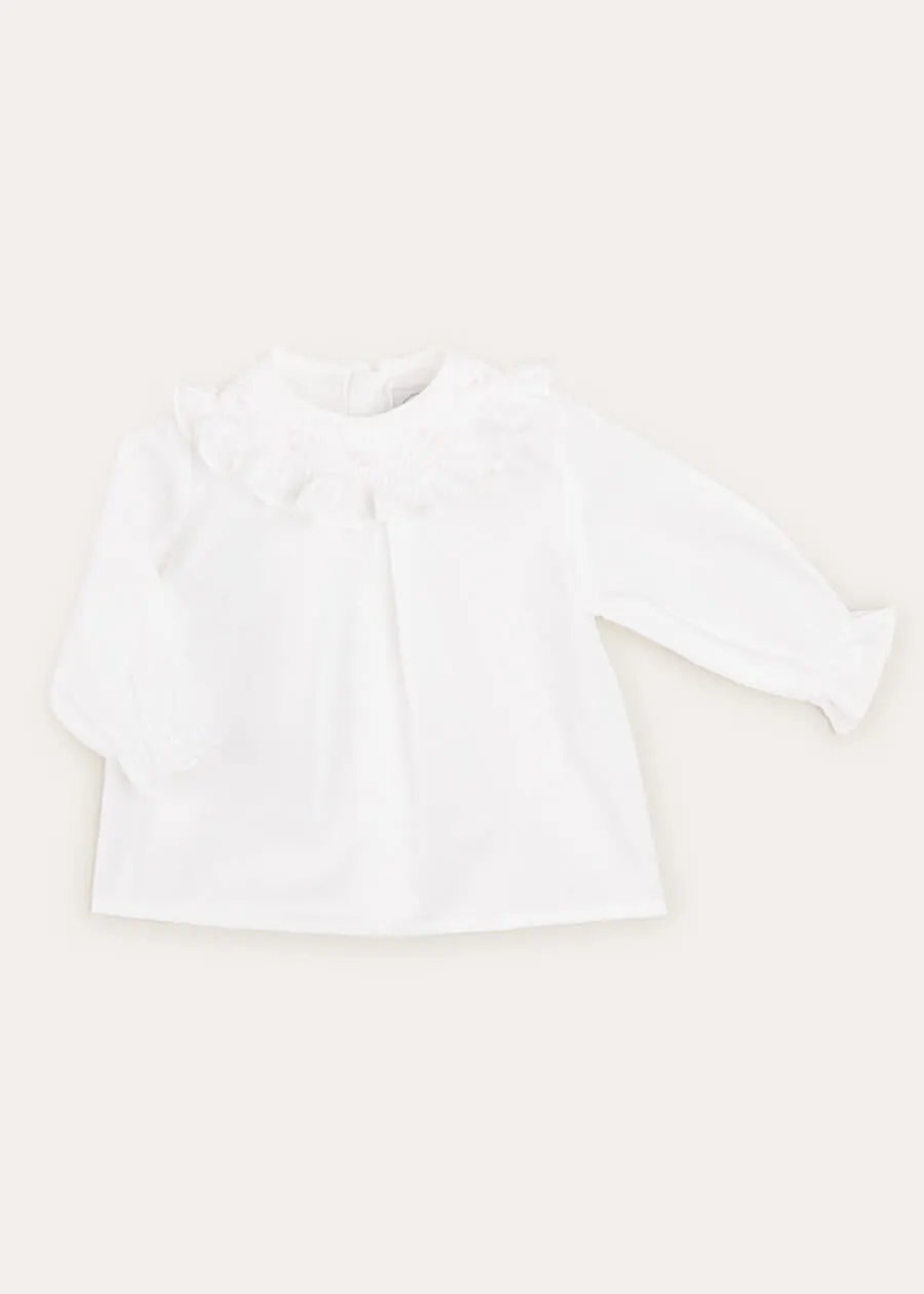 Handsmocked Collar Long Sleeve Blouse In Baby Pink (0-12mths)