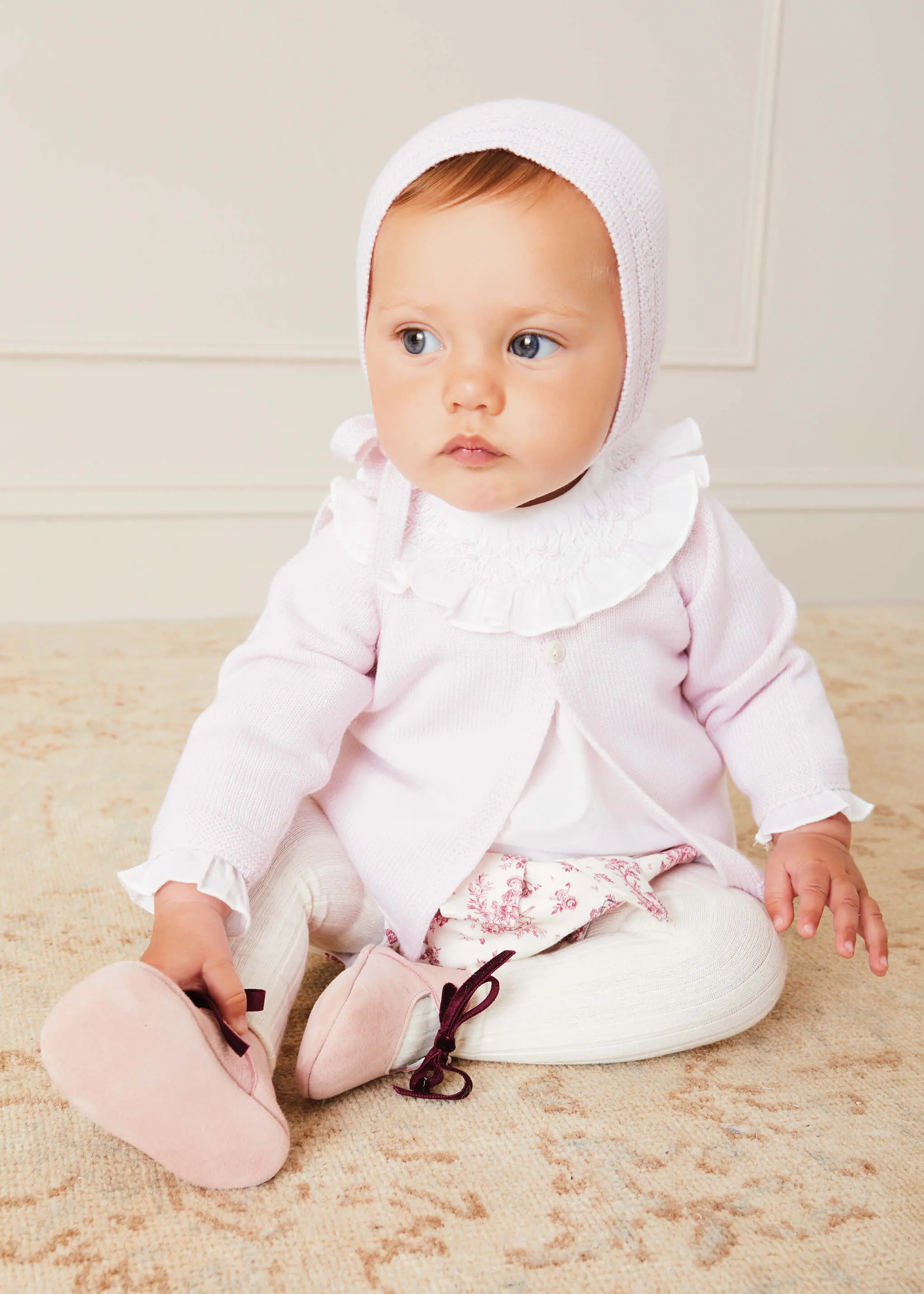 Handsmocked Collar Long Sleeve Blouse In Baby Pink (0-12mths)