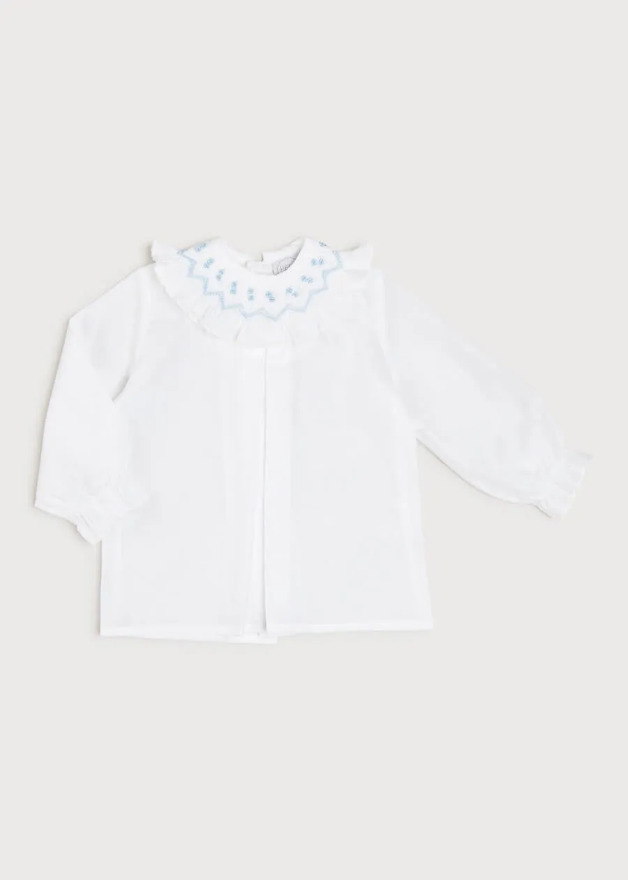 Handsmocked Collar Long Sleeve Blouse in White (0-12mths)