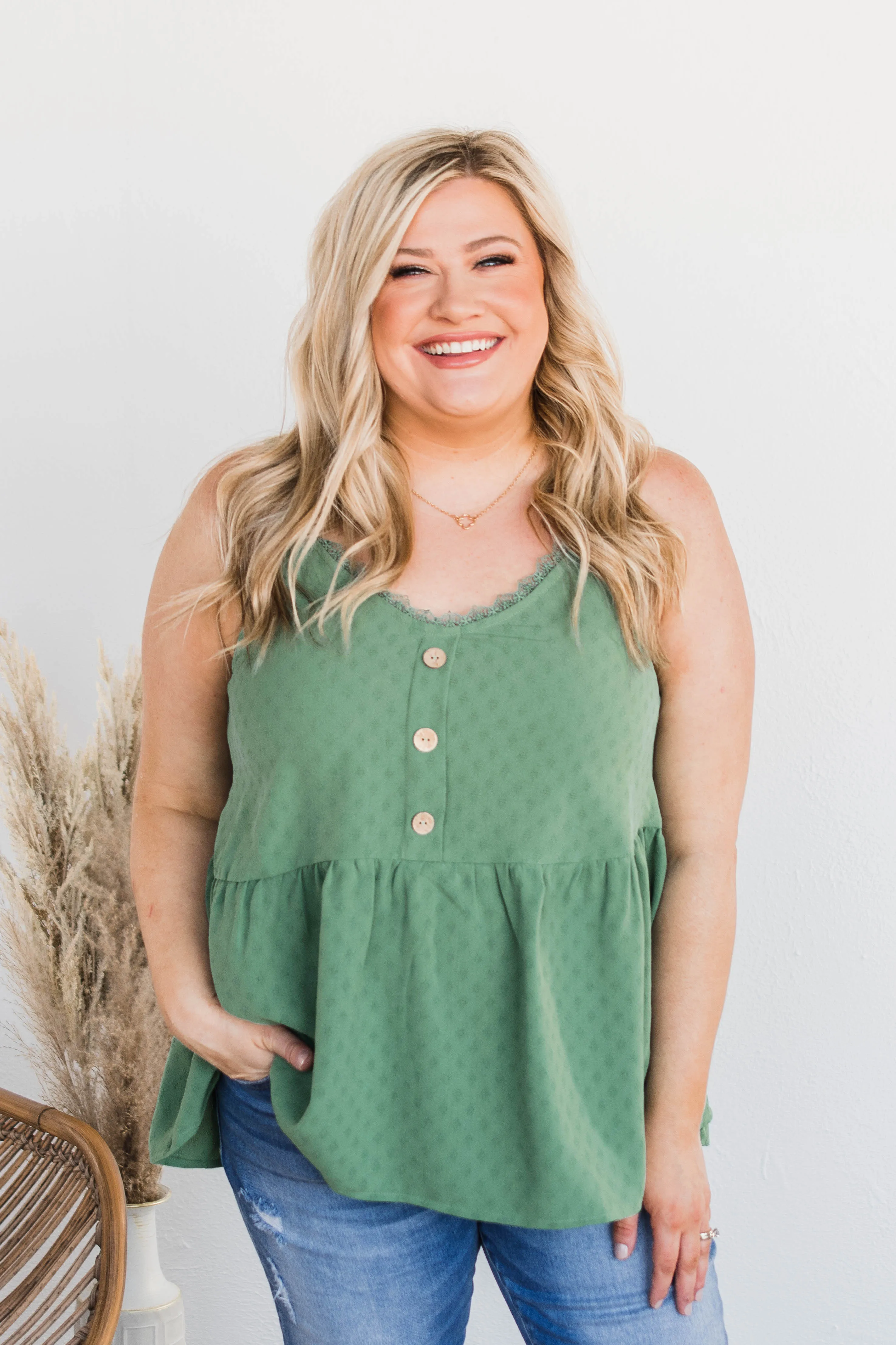 Hearts Beat In Harmony Button Tank- Dark Sage