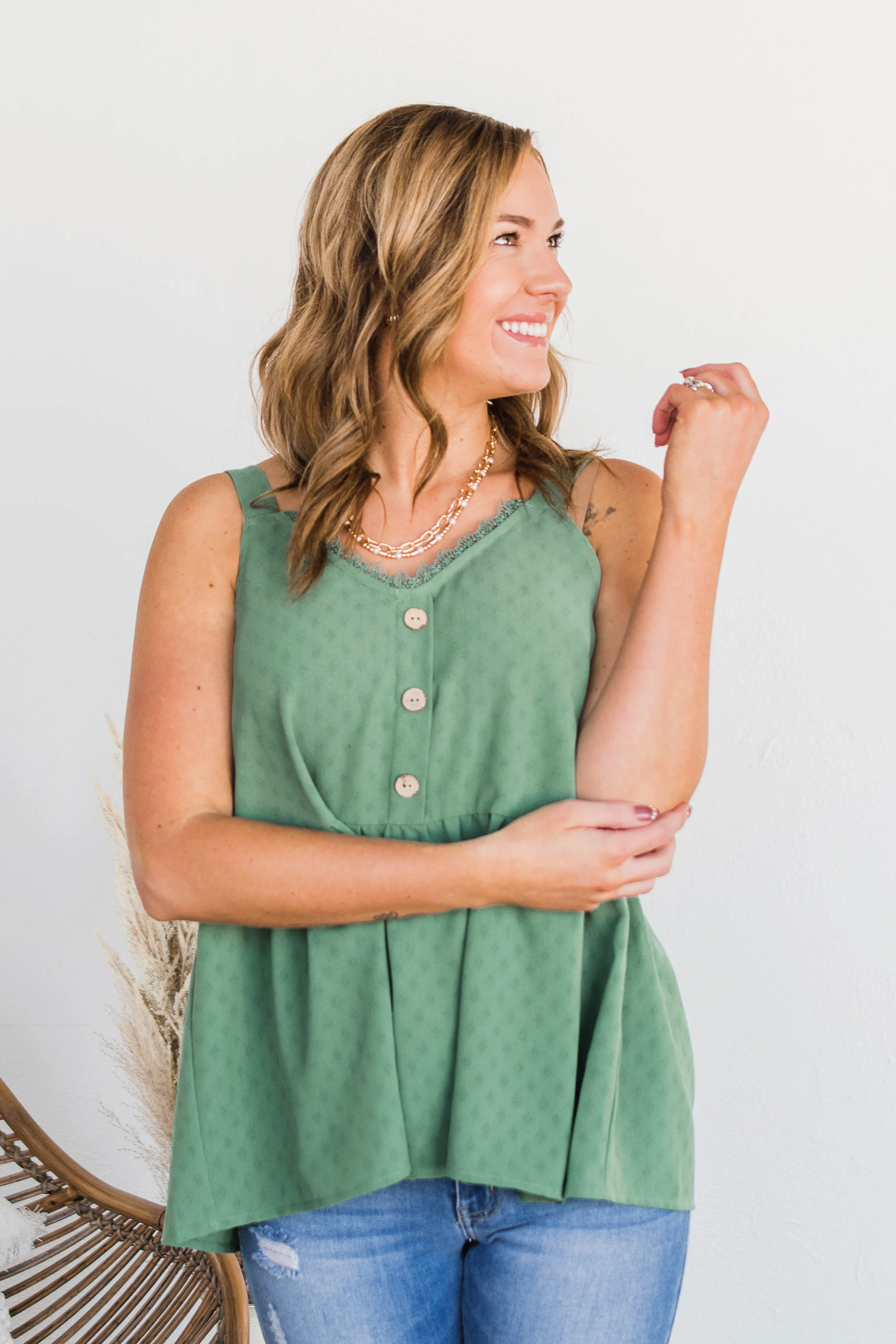 Hearts Beat In Harmony Button Tank- Dark Sage