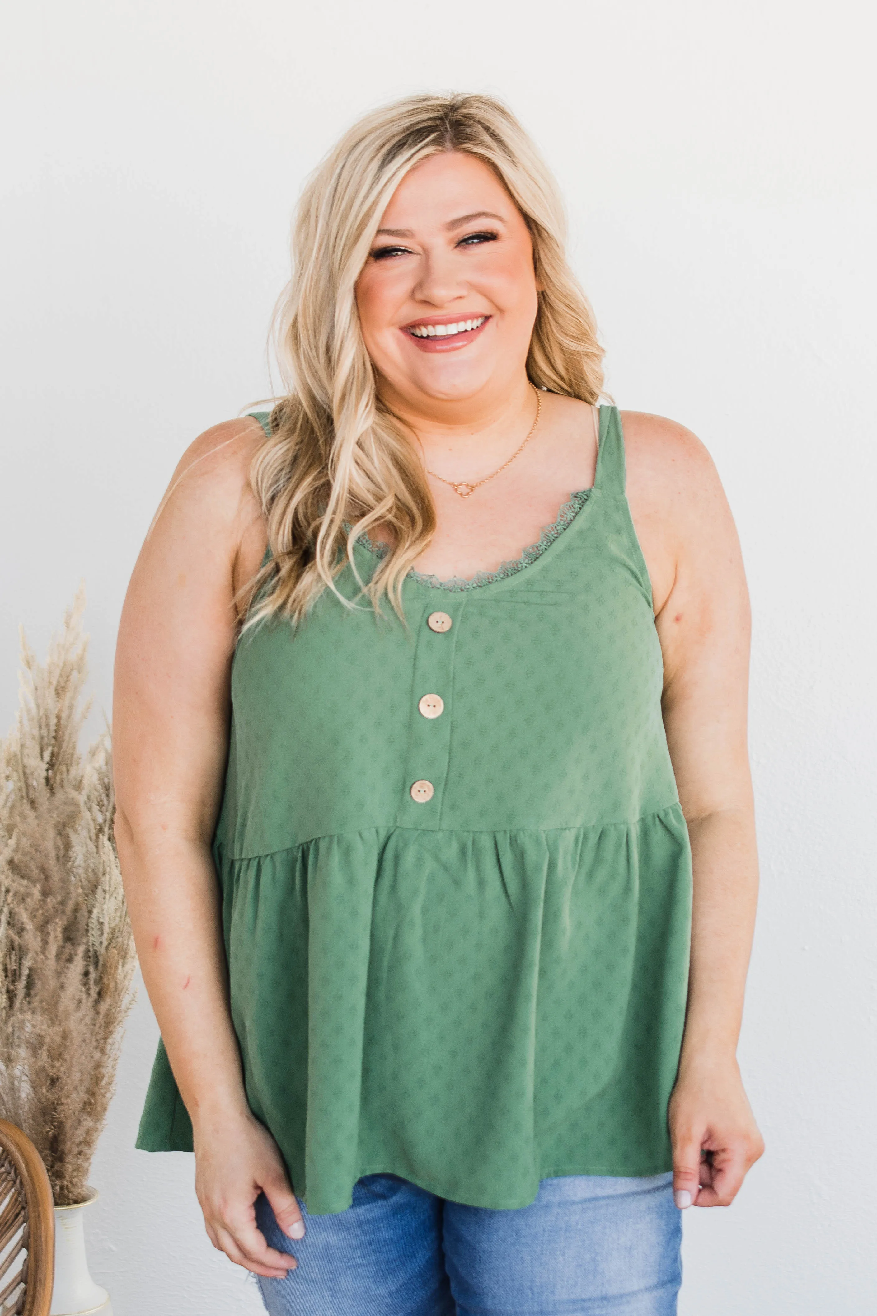 Hearts Beat In Harmony Button Tank- Dark Sage