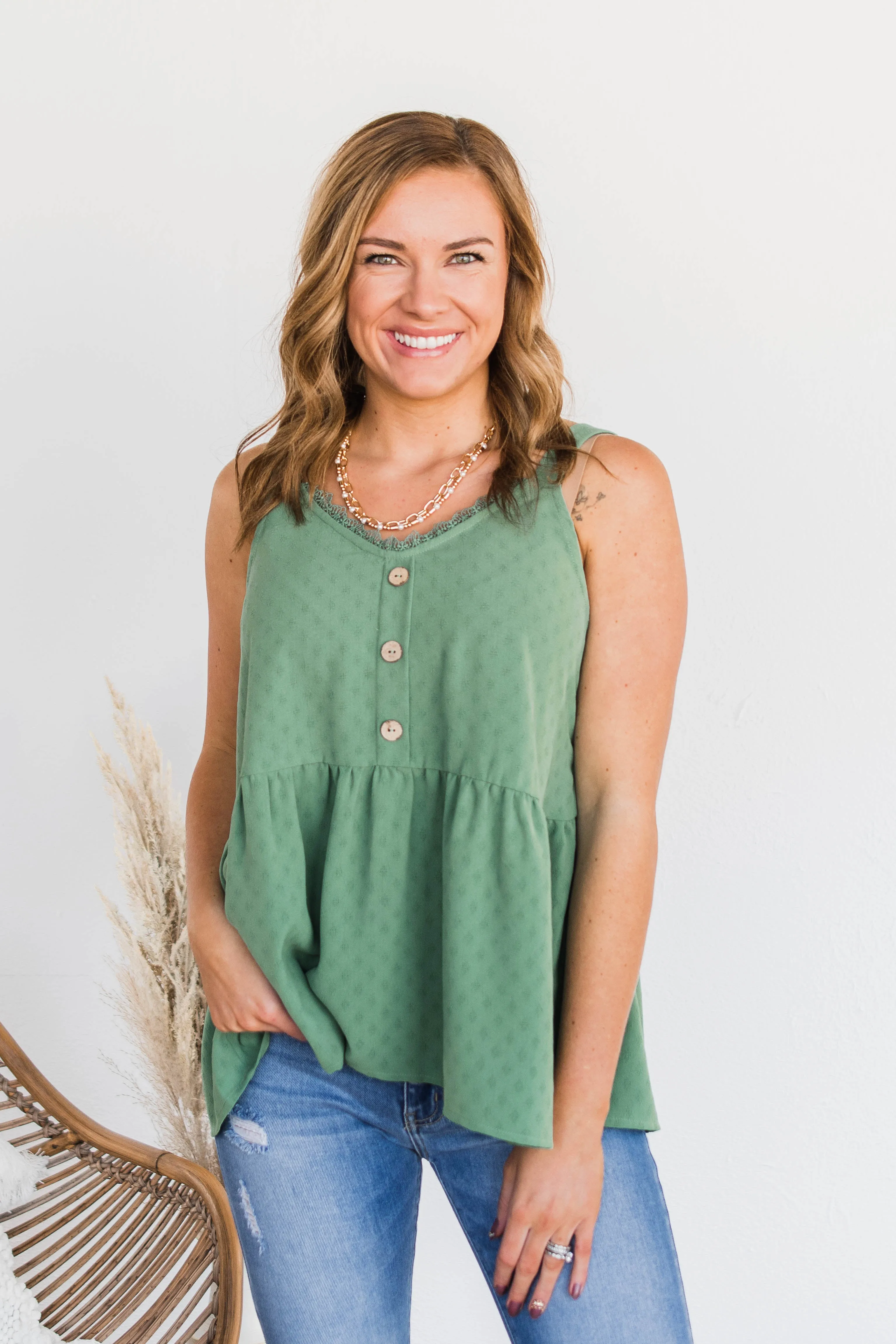 Hearts Beat In Harmony Button Tank- Dark Sage