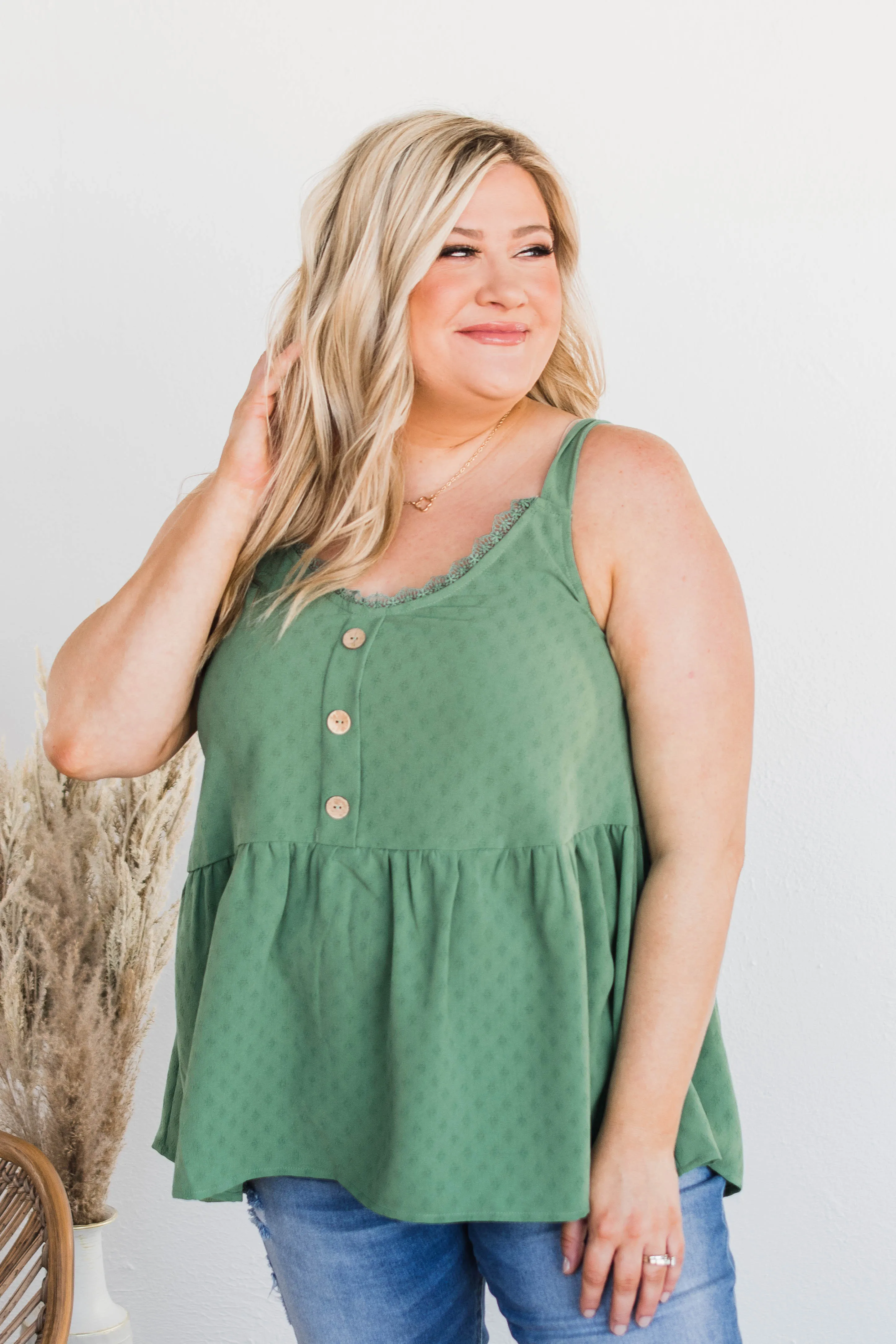 Hearts Beat In Harmony Button Tank- Dark Sage