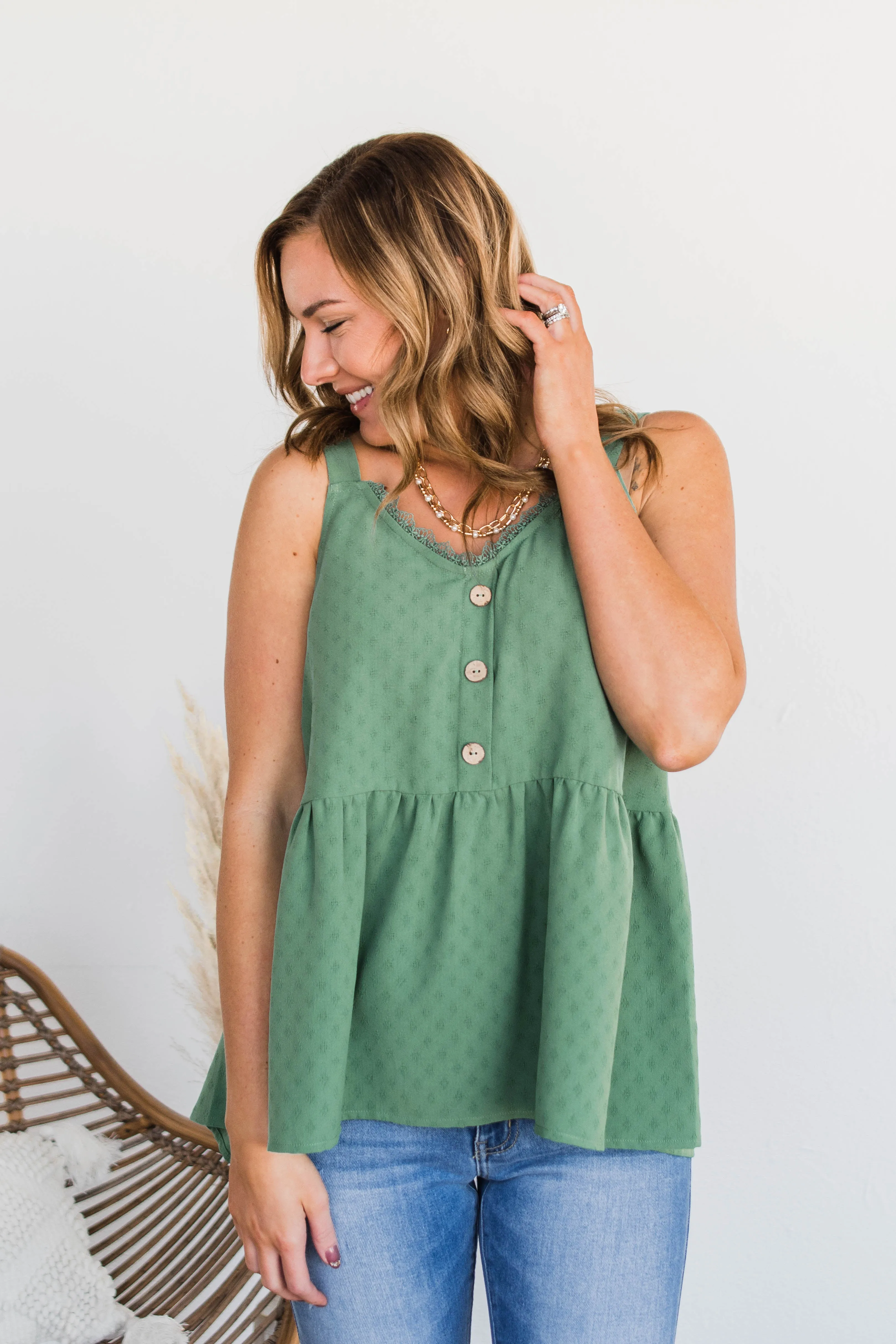 Hearts Beat In Harmony Button Tank- Dark Sage