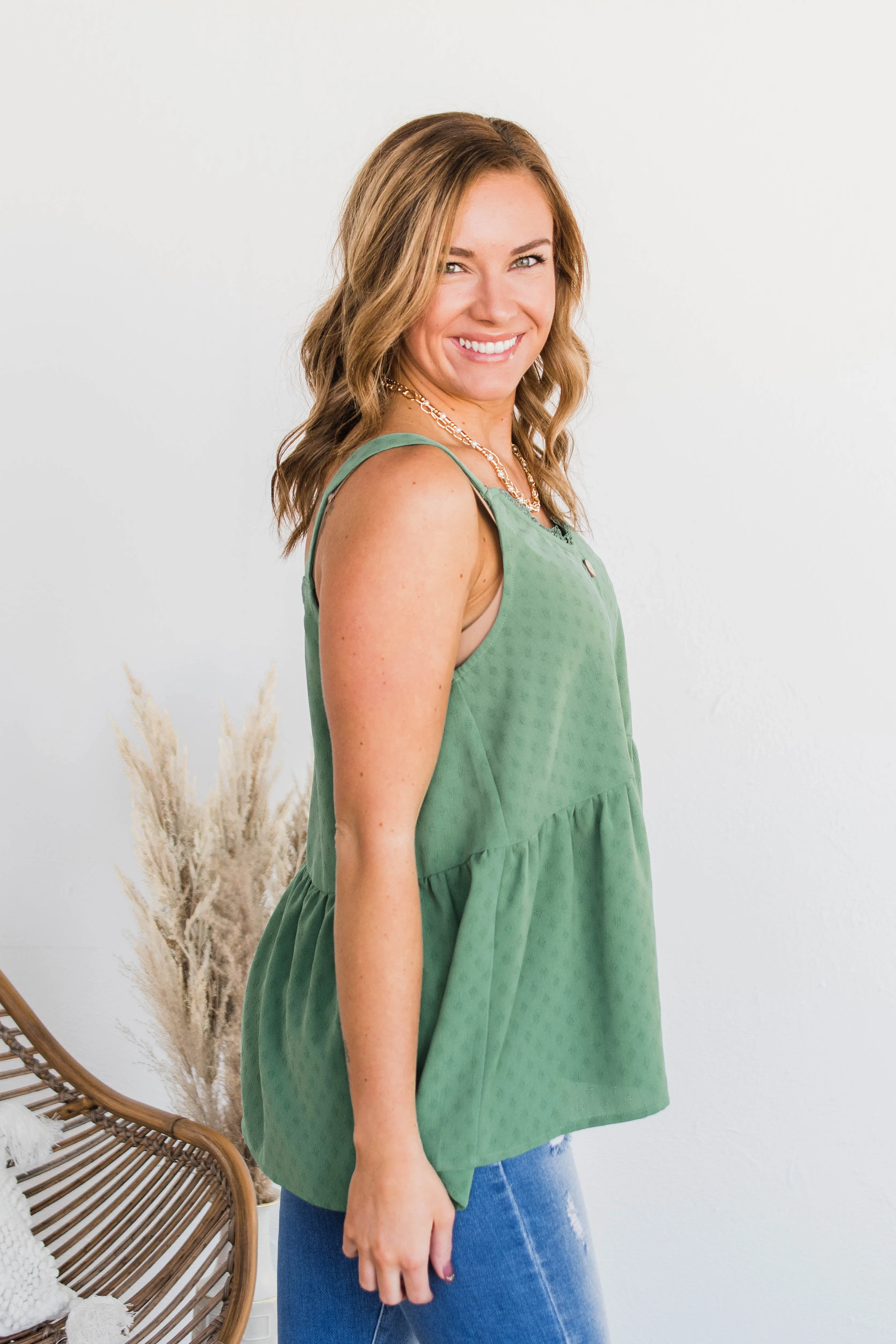 Hearts Beat In Harmony Button Tank- Dark Sage