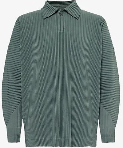 Issey Miyake Mens Moss Green Pleated long-sleeves relaxed-fit knitted polo shirt