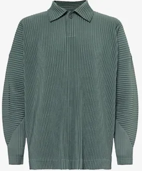 Issey Miyake Mens Moss Green Pleated long-sleeves relaxed-fit knitted polo shirt