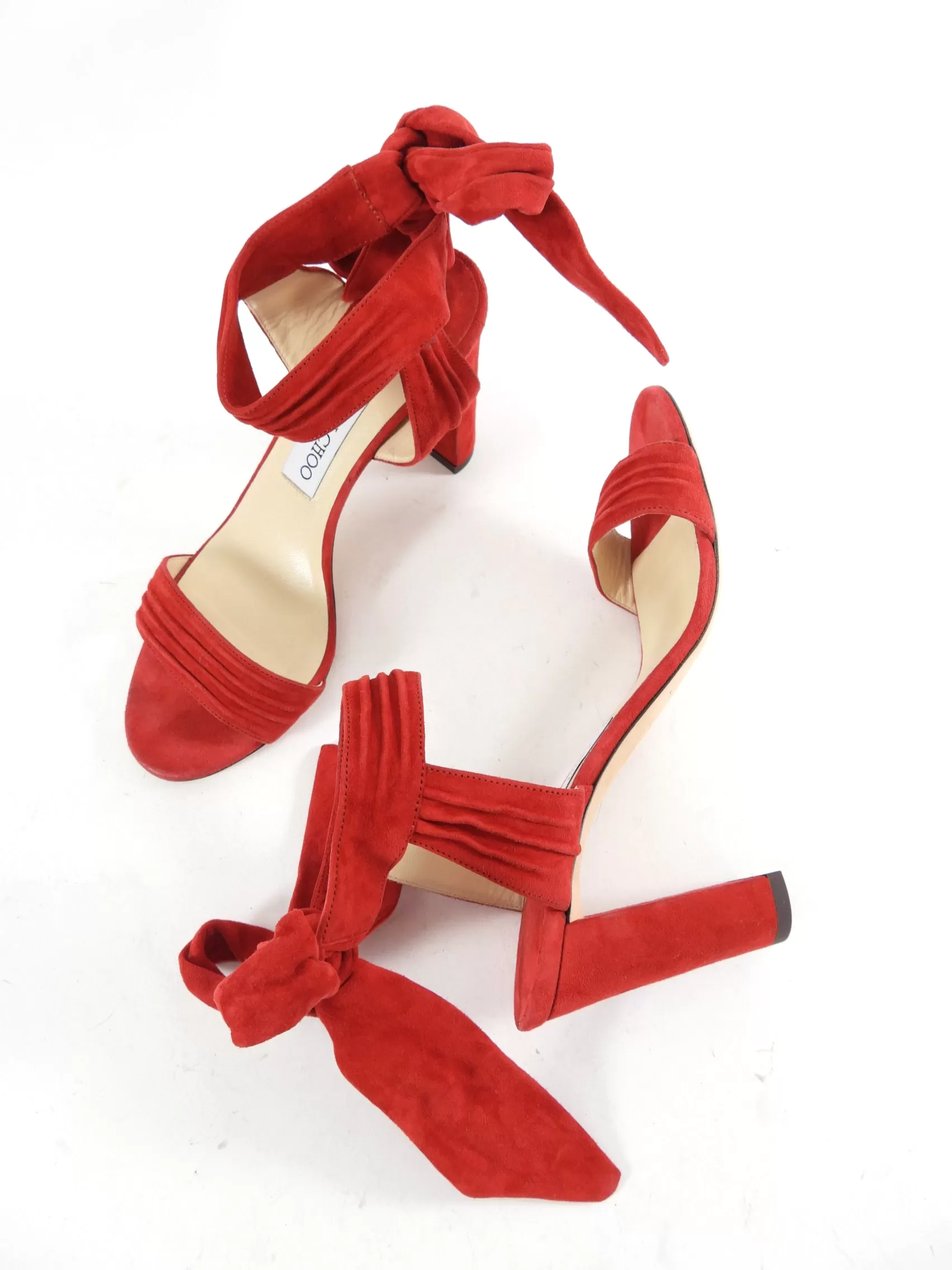 Jimmy Choo Red Suede Ankle Tie Heels - 38 (USA 7.5)