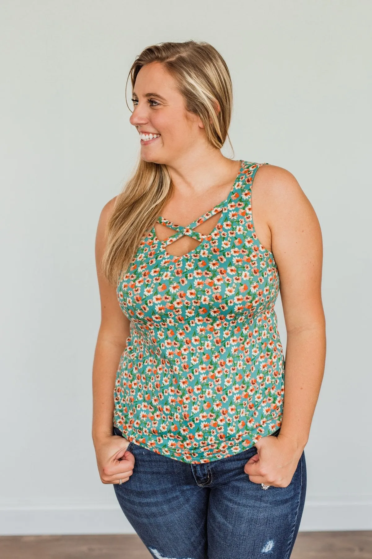 Like A Summer Breeze Floral Criss-Cross Tank- Dusty Teal