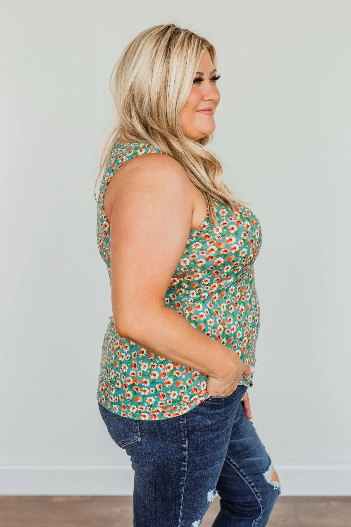 Like A Summer Breeze Floral Criss-Cross Tank- Dusty Teal