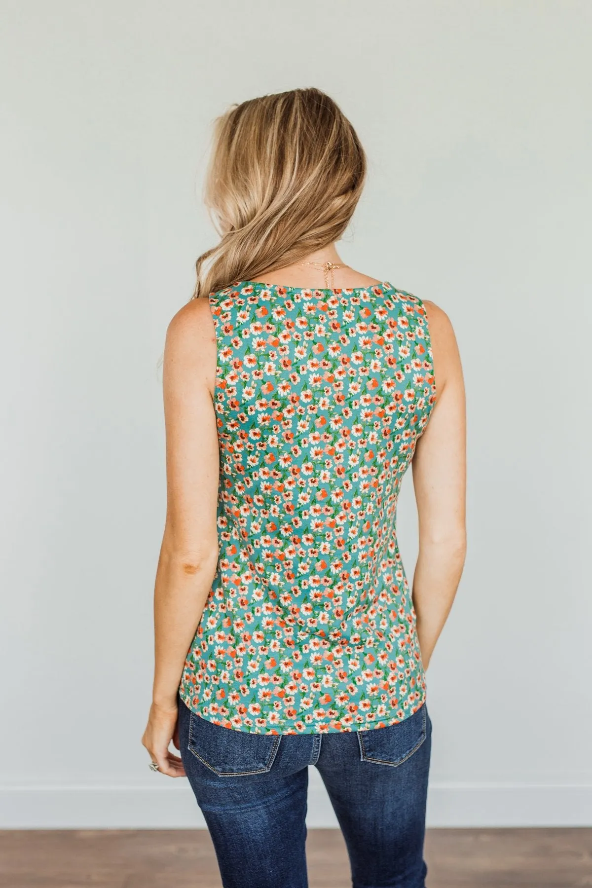 Like A Summer Breeze Floral Criss-Cross Tank- Dusty Teal