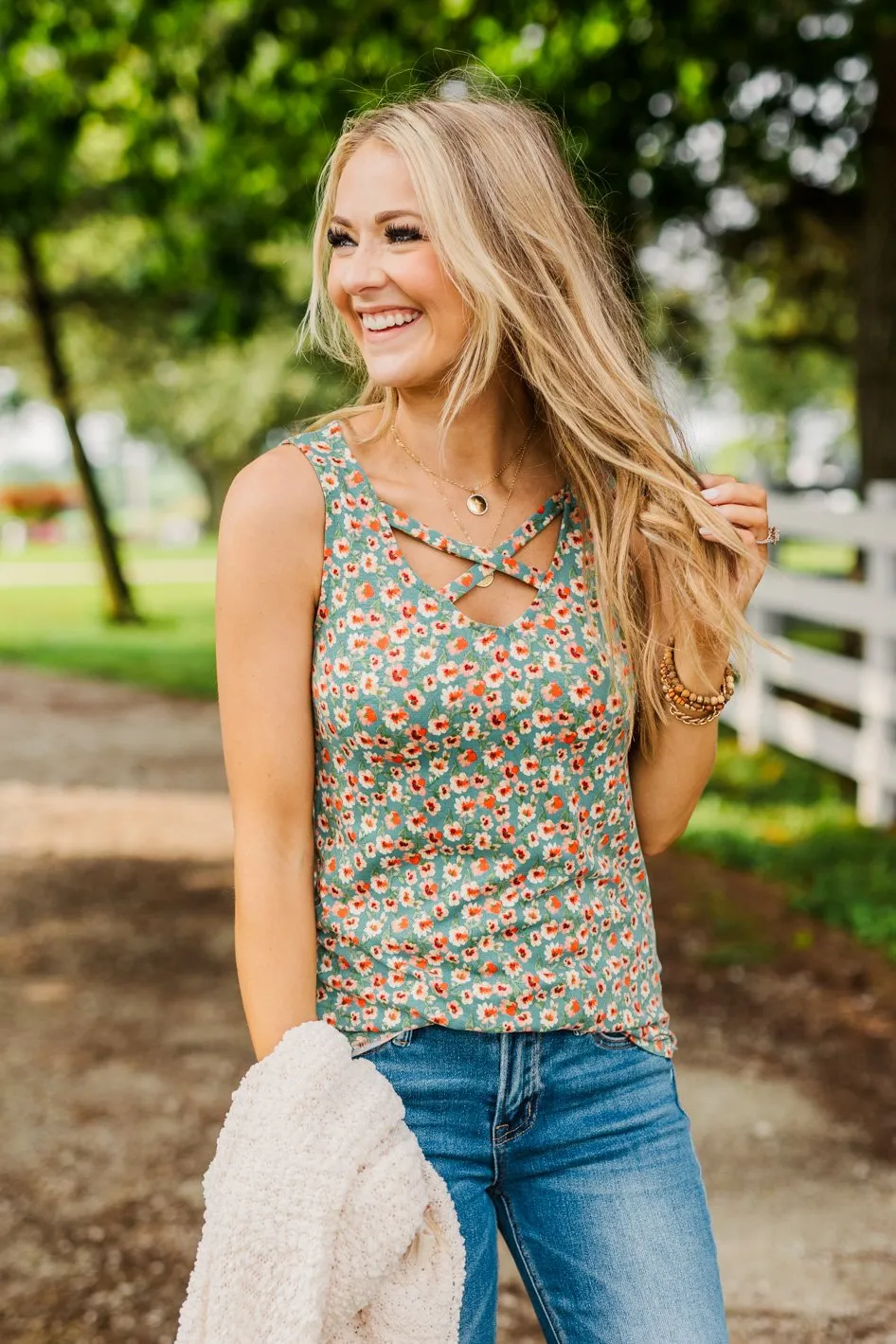 Like A Summer Breeze Floral Criss-Cross Tank- Dusty Teal