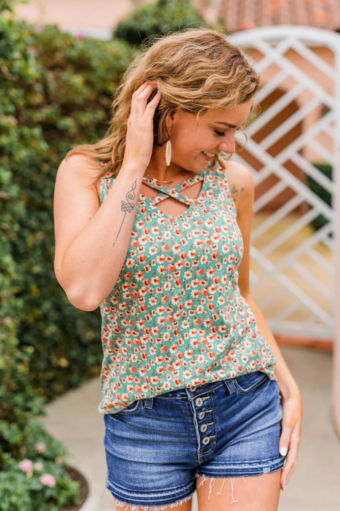 Like A Summer Breeze Floral Criss-Cross Tank- Dusty Teal