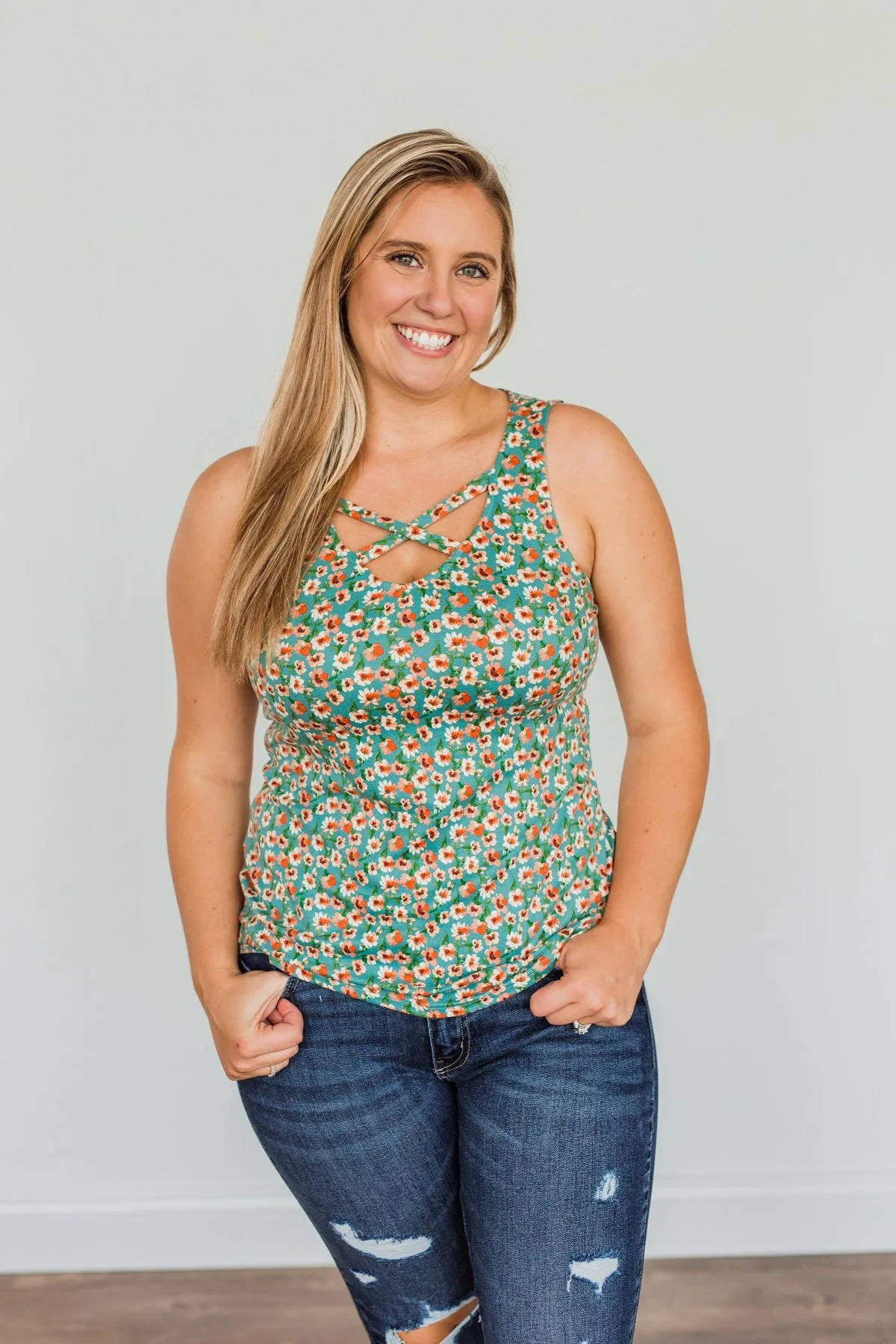 Like A Summer Breeze Floral Criss-Cross Tank- Dusty Teal