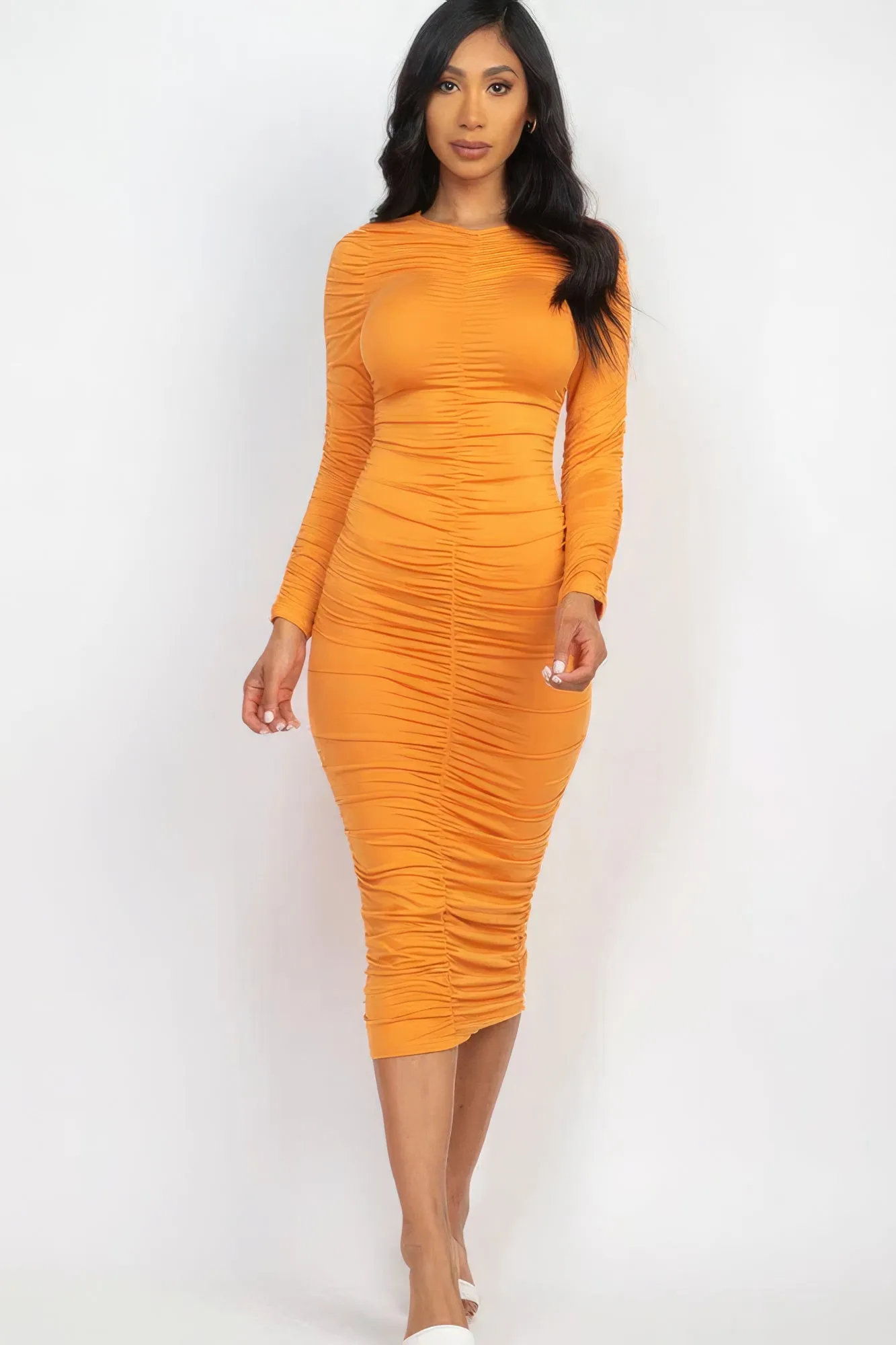 Long Sleeve Ruched Midi Dress