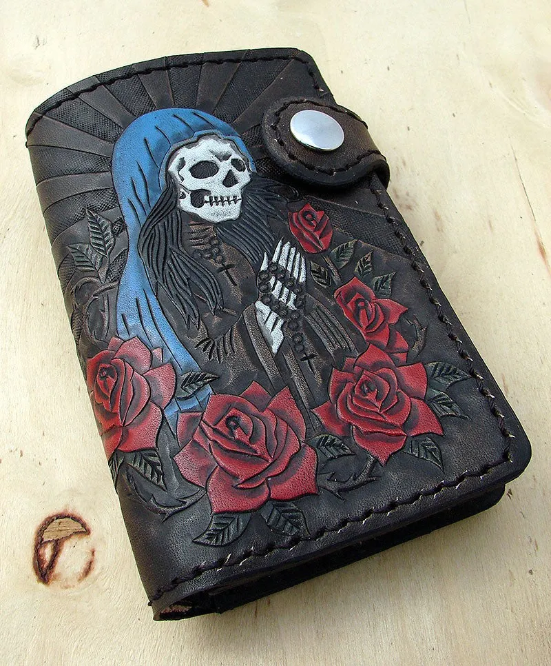 Man leather wallet biker style with Santa Muerte