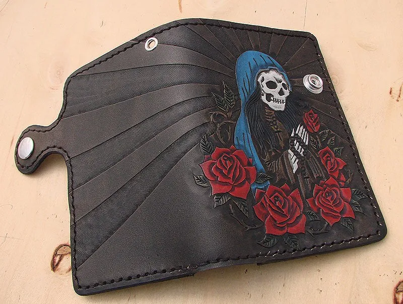 Man leather wallet biker style with Santa Muerte