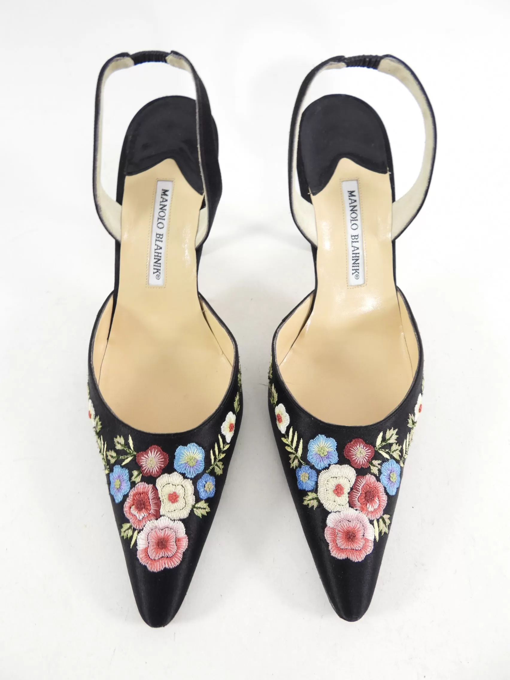 Manolo Blahnik Black Silk Satin Floral Embroidered Slingback Heels - 41 / 40