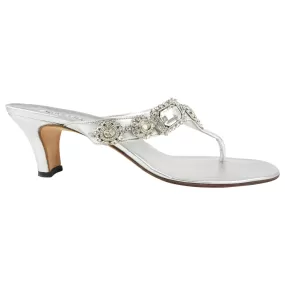 Manolo Blahnik Silver Metallic Leather and Rhinestone Kitten Heel Thong Sandals - 41