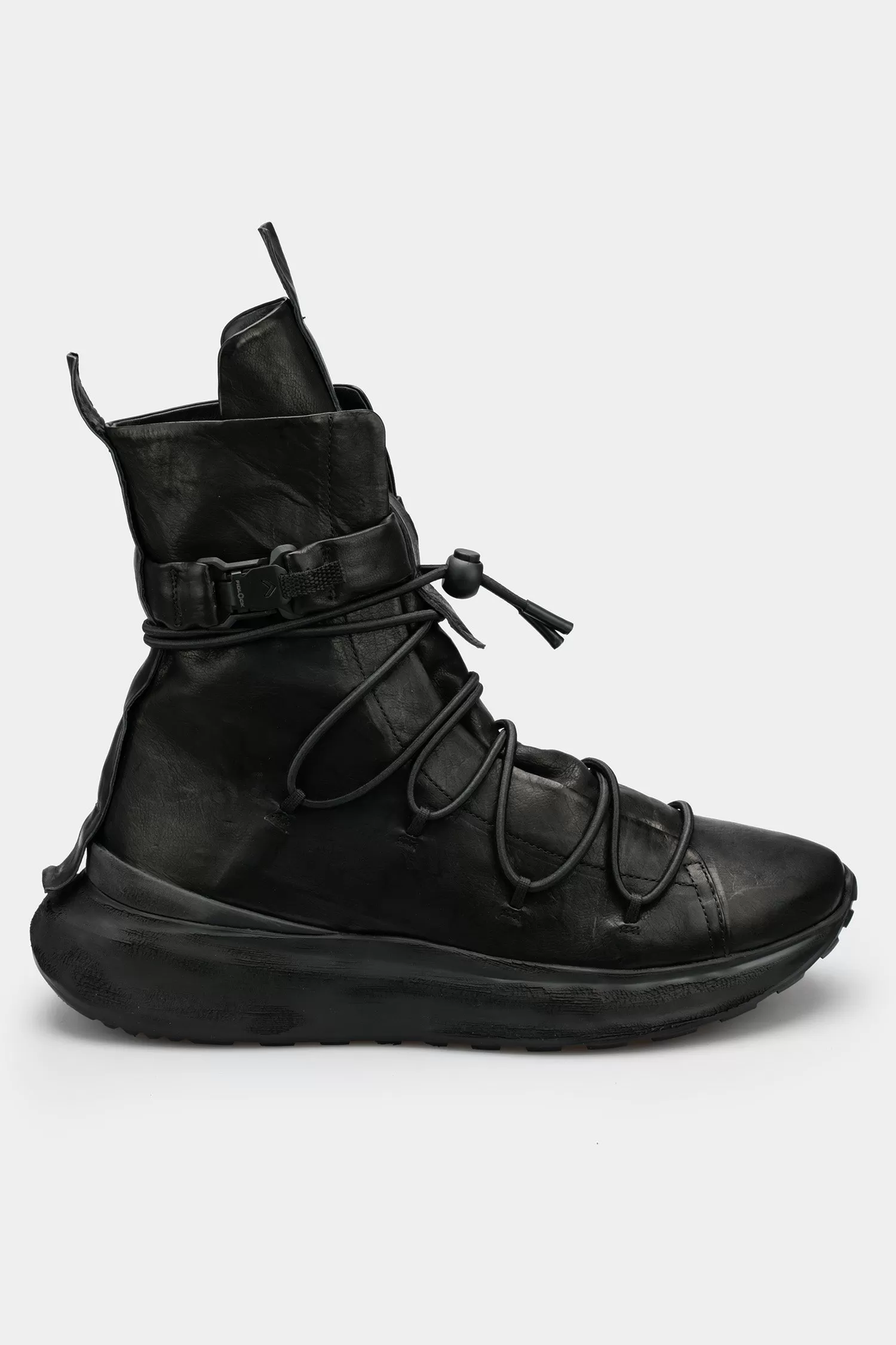 Metal buckle laced calf leather sneakers