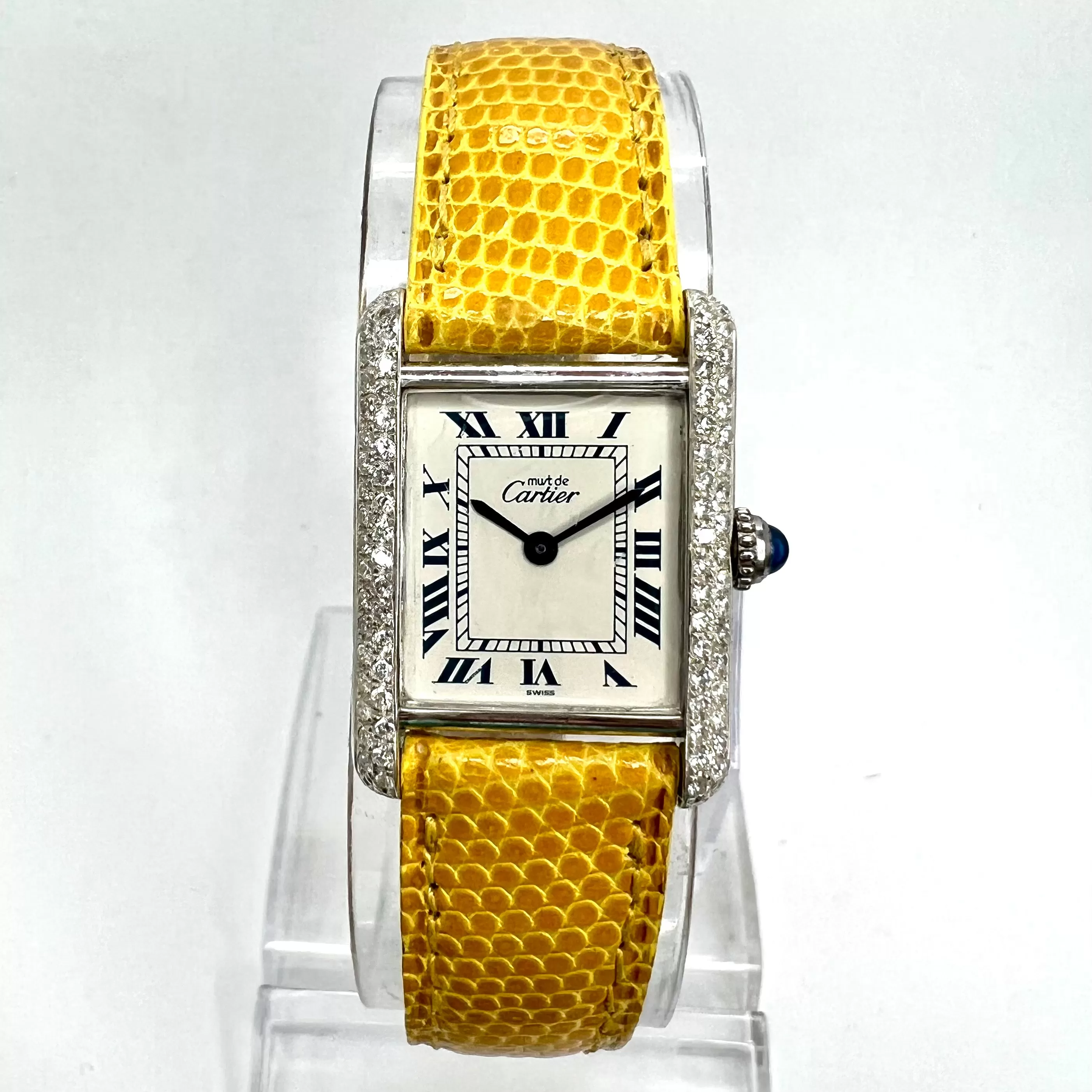 Must de CARTIER TANK 20mm Silver Watch 0.5TCW Diamonds