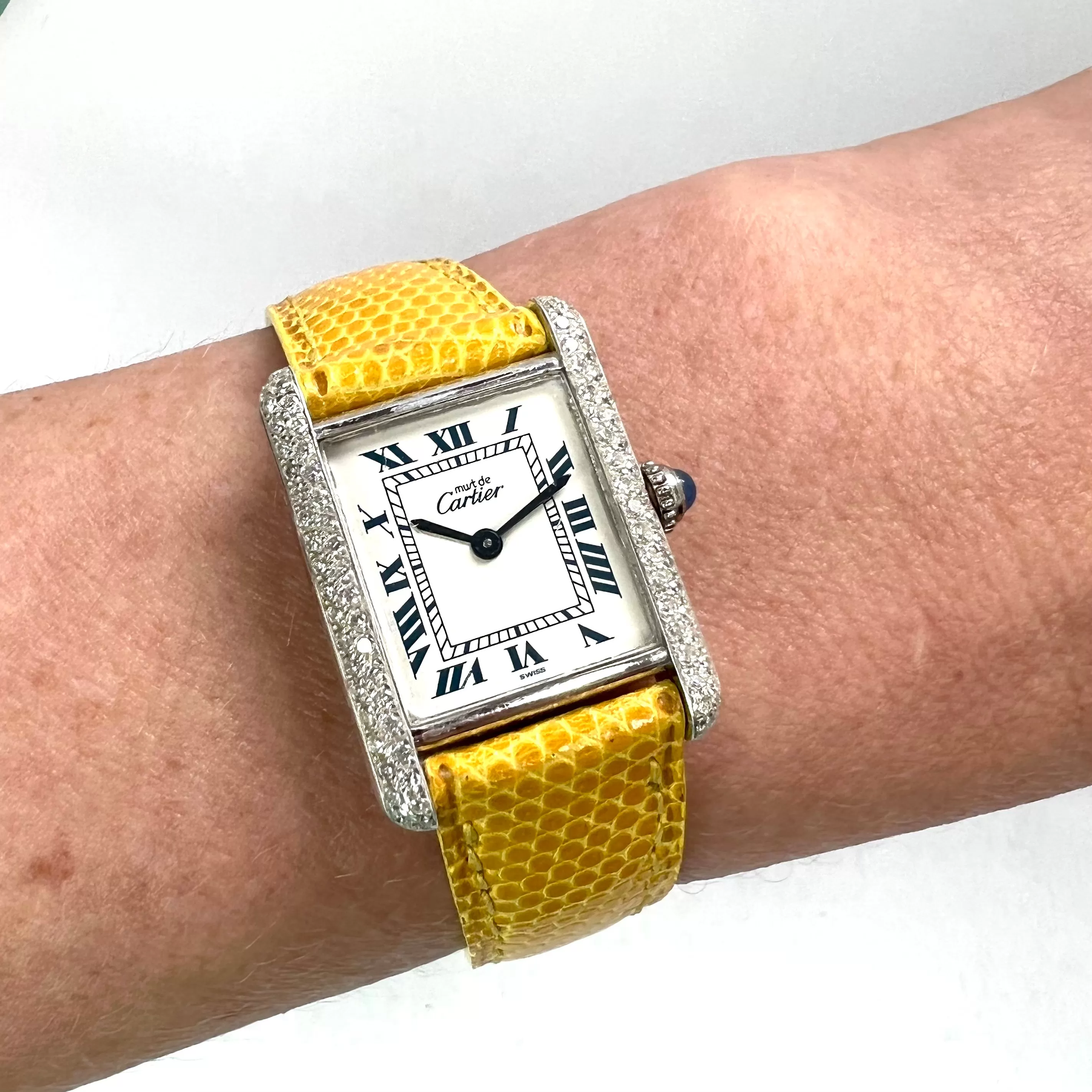 Must de CARTIER TANK 20mm Silver Watch 0.5TCW Diamonds