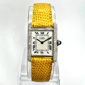 Must de CARTIER TANK 20mm Silver Watch 0.5TCW Diamonds