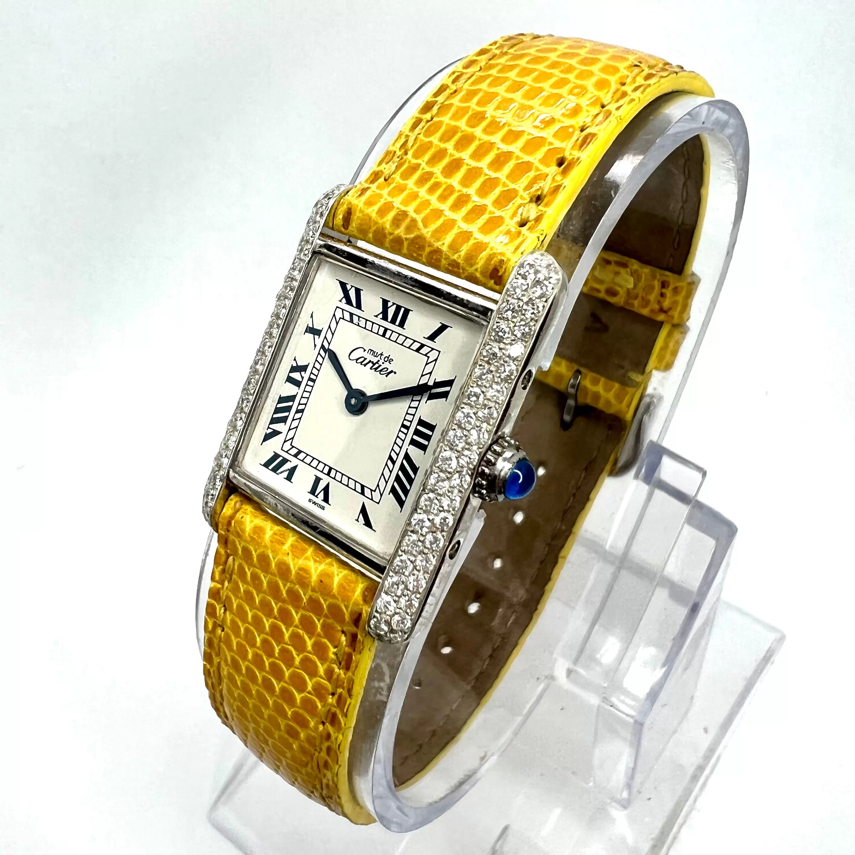 Must de CARTIER TANK 20mm Silver Watch 0.5TCW Diamonds