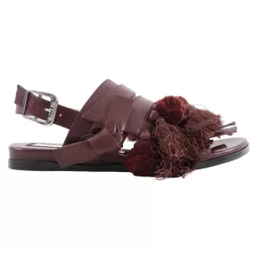 No 21 Mahogany Leather Pom Pom Tassel Flat Sandals - 38.5 / 8