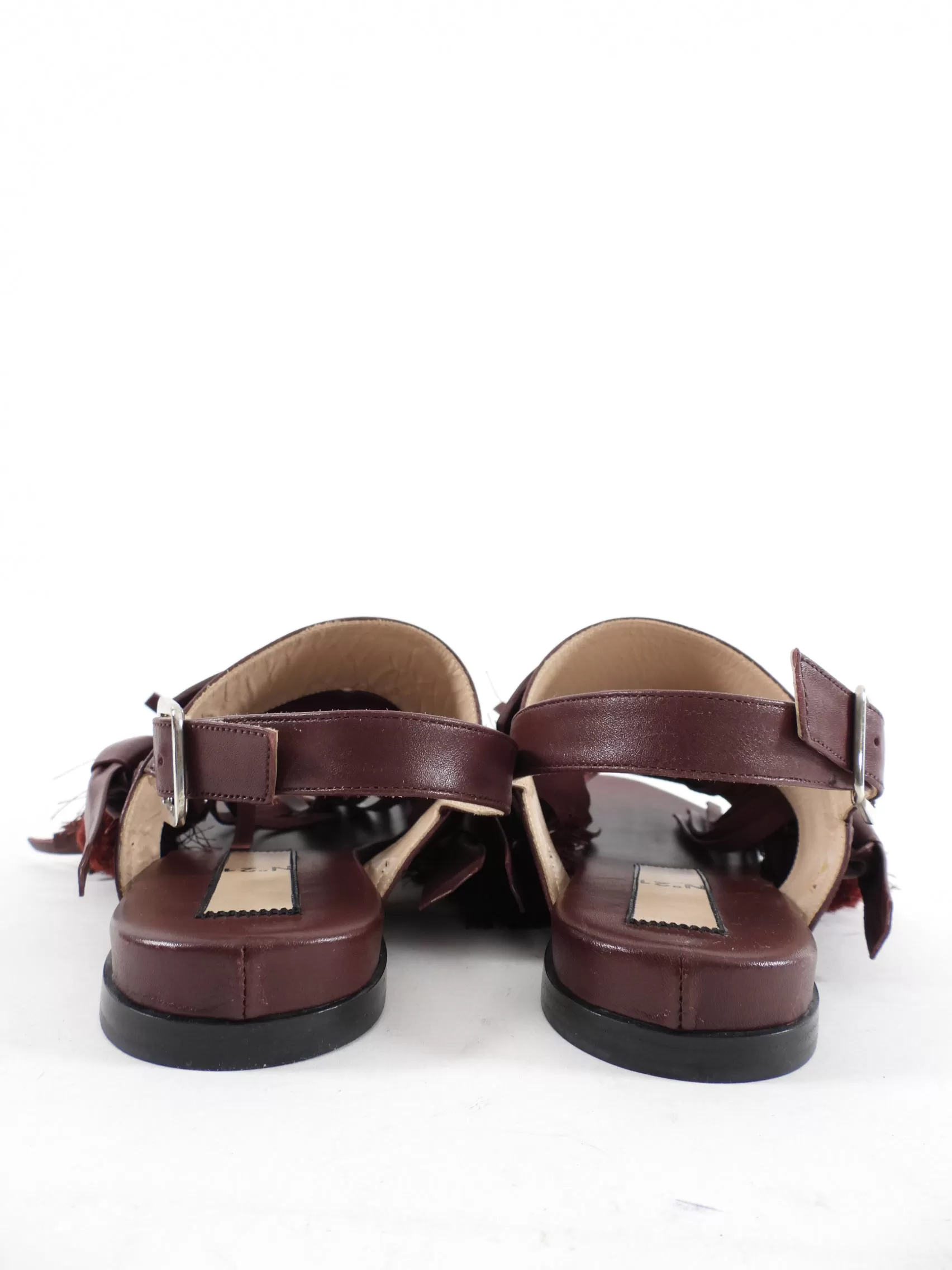 No 21 Mahogany Leather Pom Pom Tassel Flat Sandals - 38.5 / 8