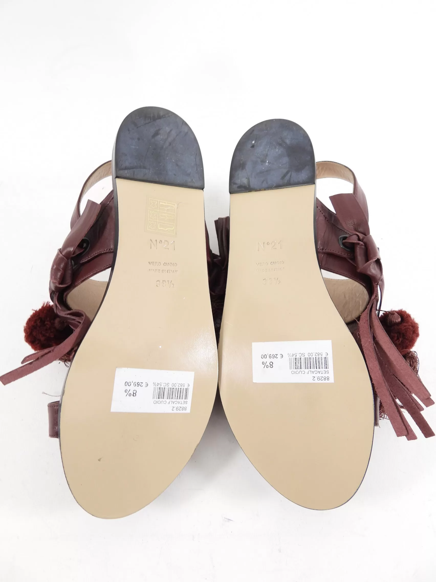 No 21 Mahogany Leather Pom Pom Tassel Flat Sandals - 38.5 / 8