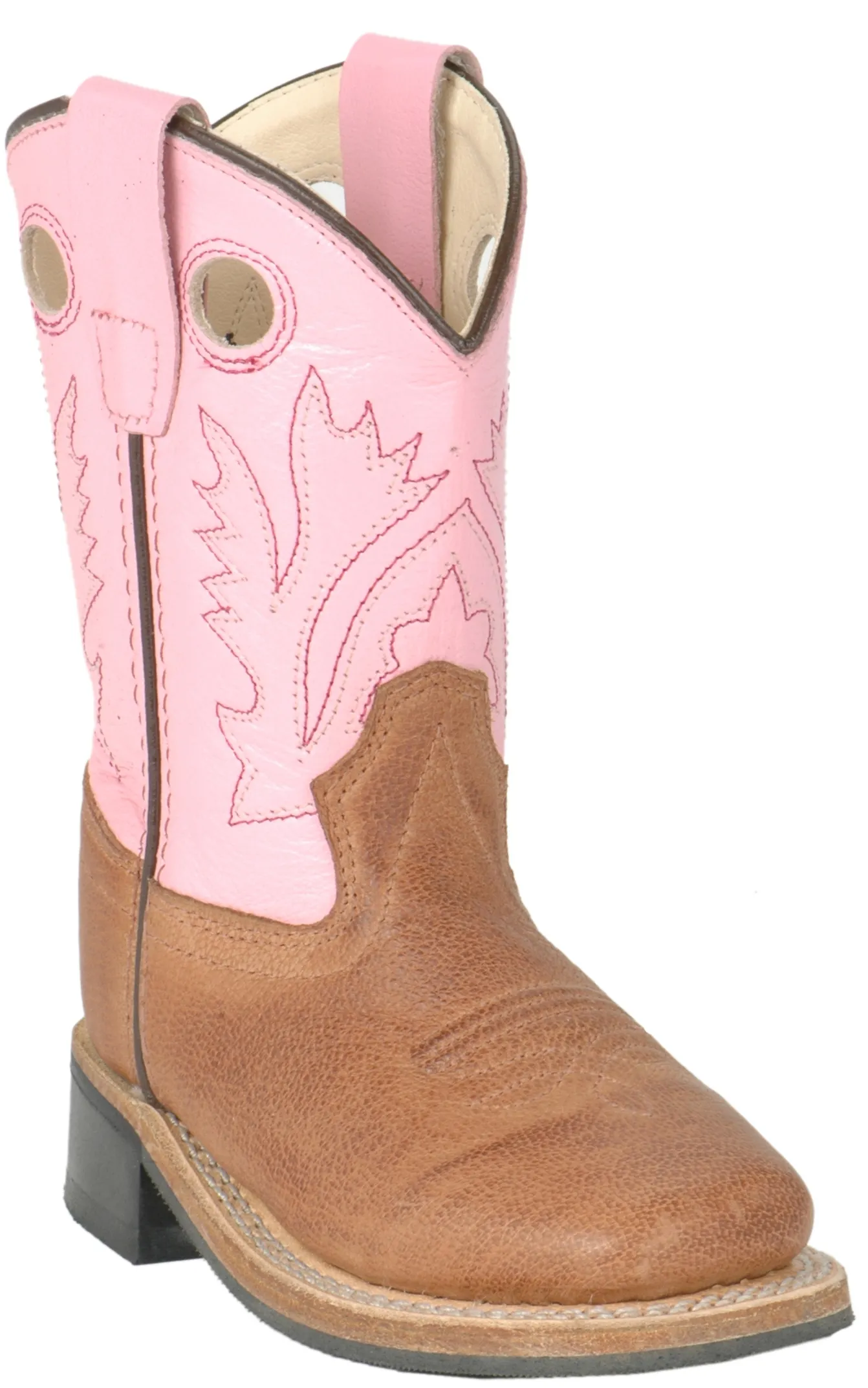 Old West Toddler Distressed Brown and Pink Corona Calf Square Toe Cowboy Boot