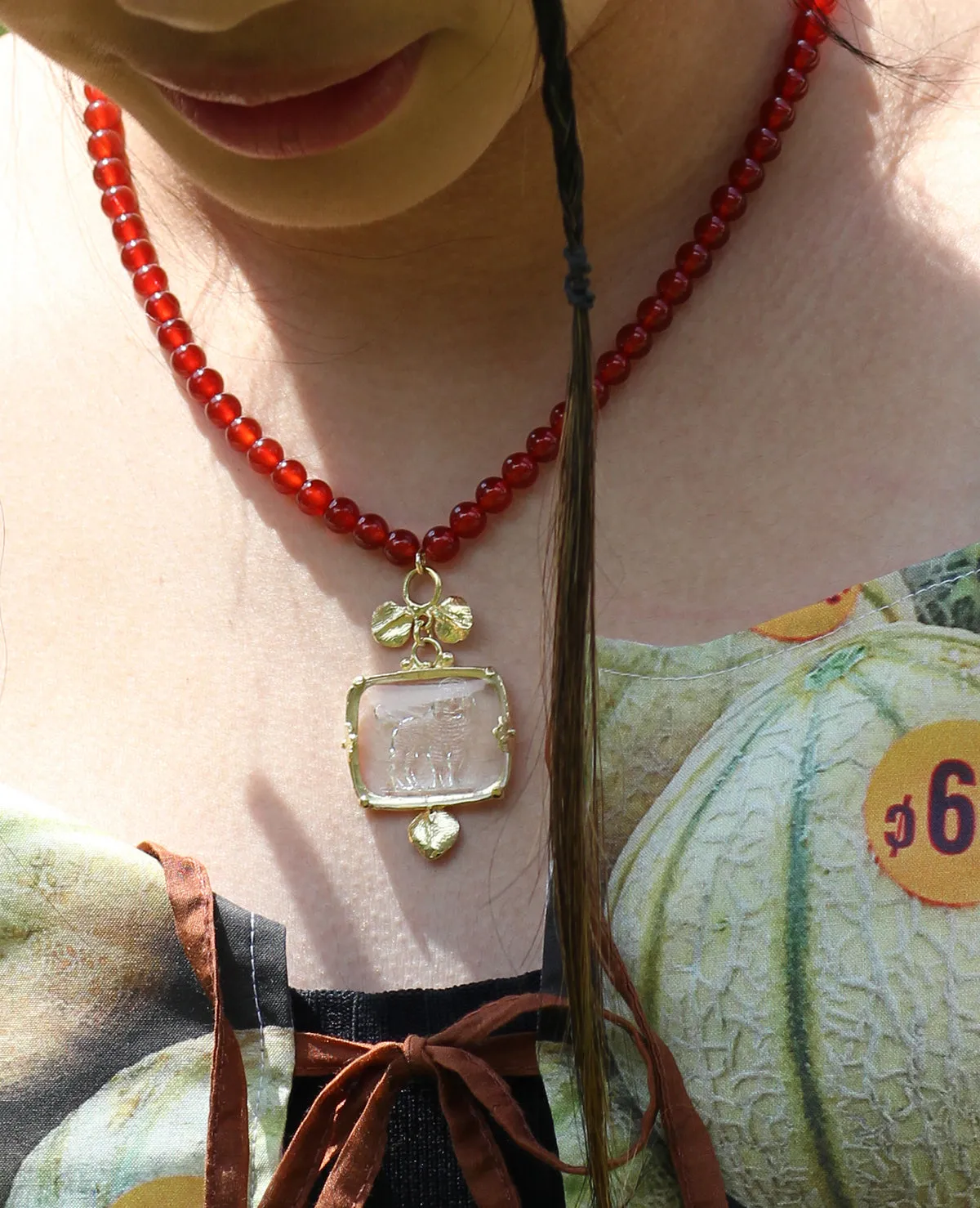 POODLE INTAGLIO IN RED // brass necklace