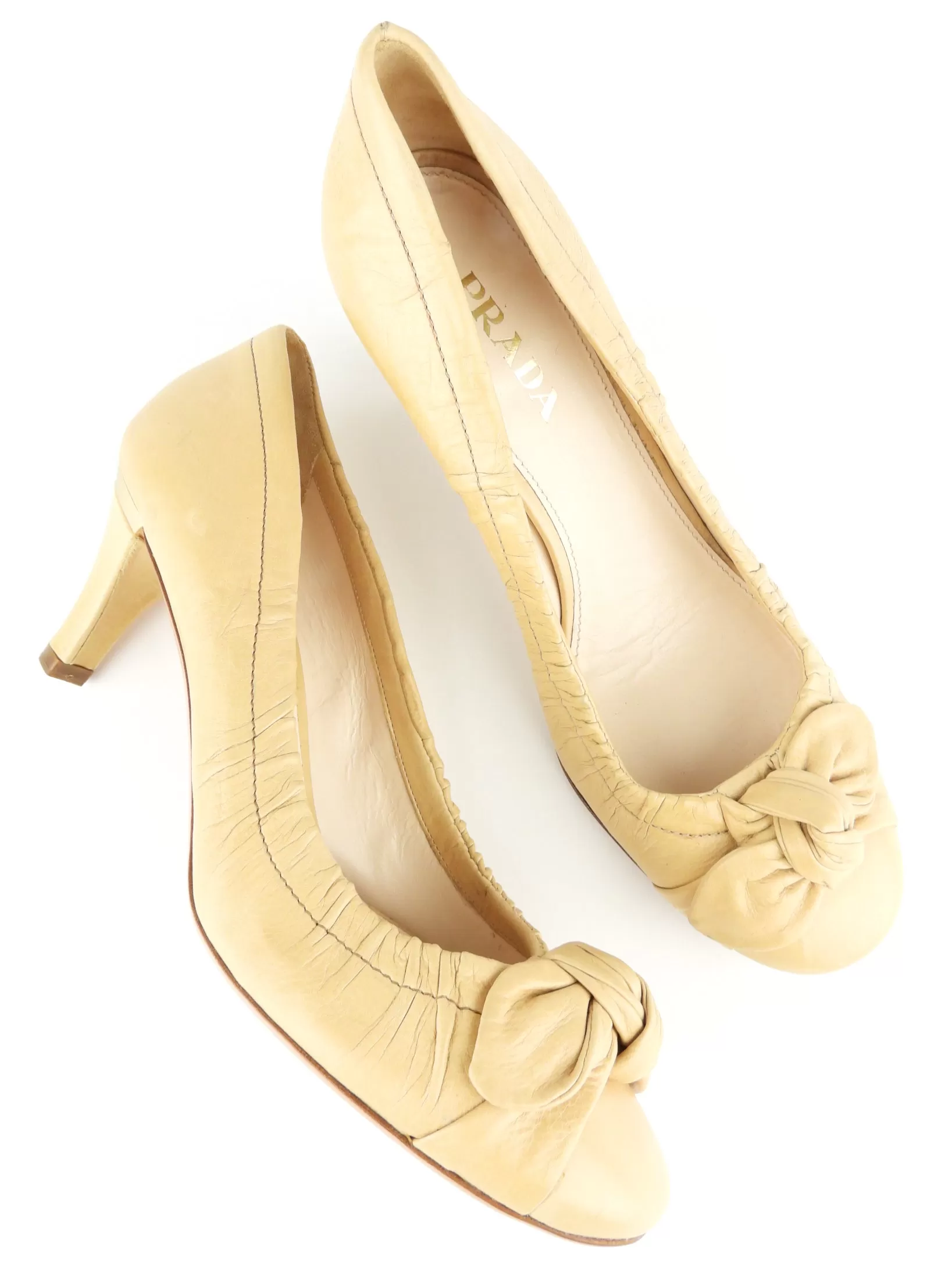 Prada Beige Soft Scrunched Leather Bow Pumps - 37.5