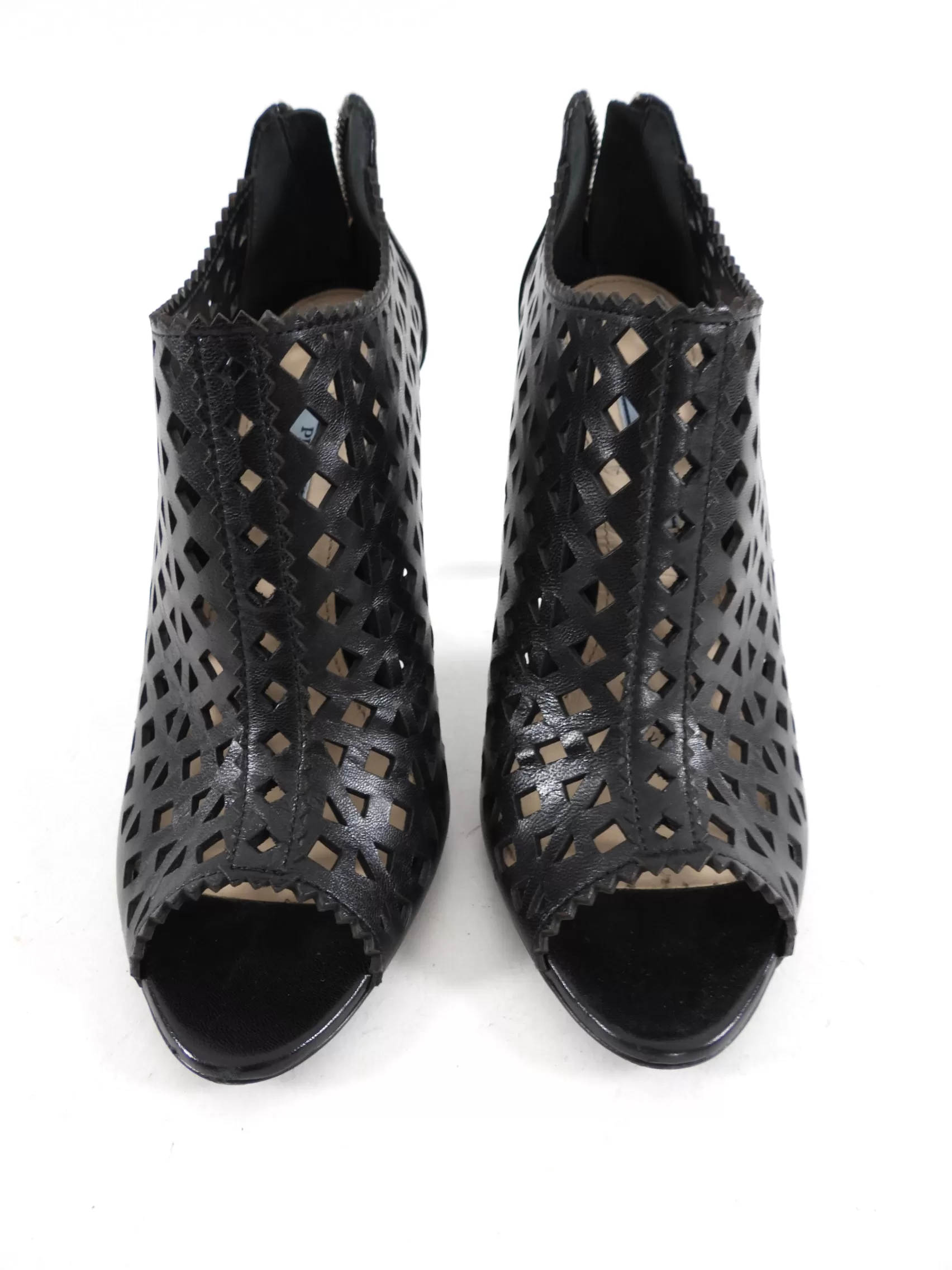 Prada Black Leather Perforated Peep Toe Heels - 37