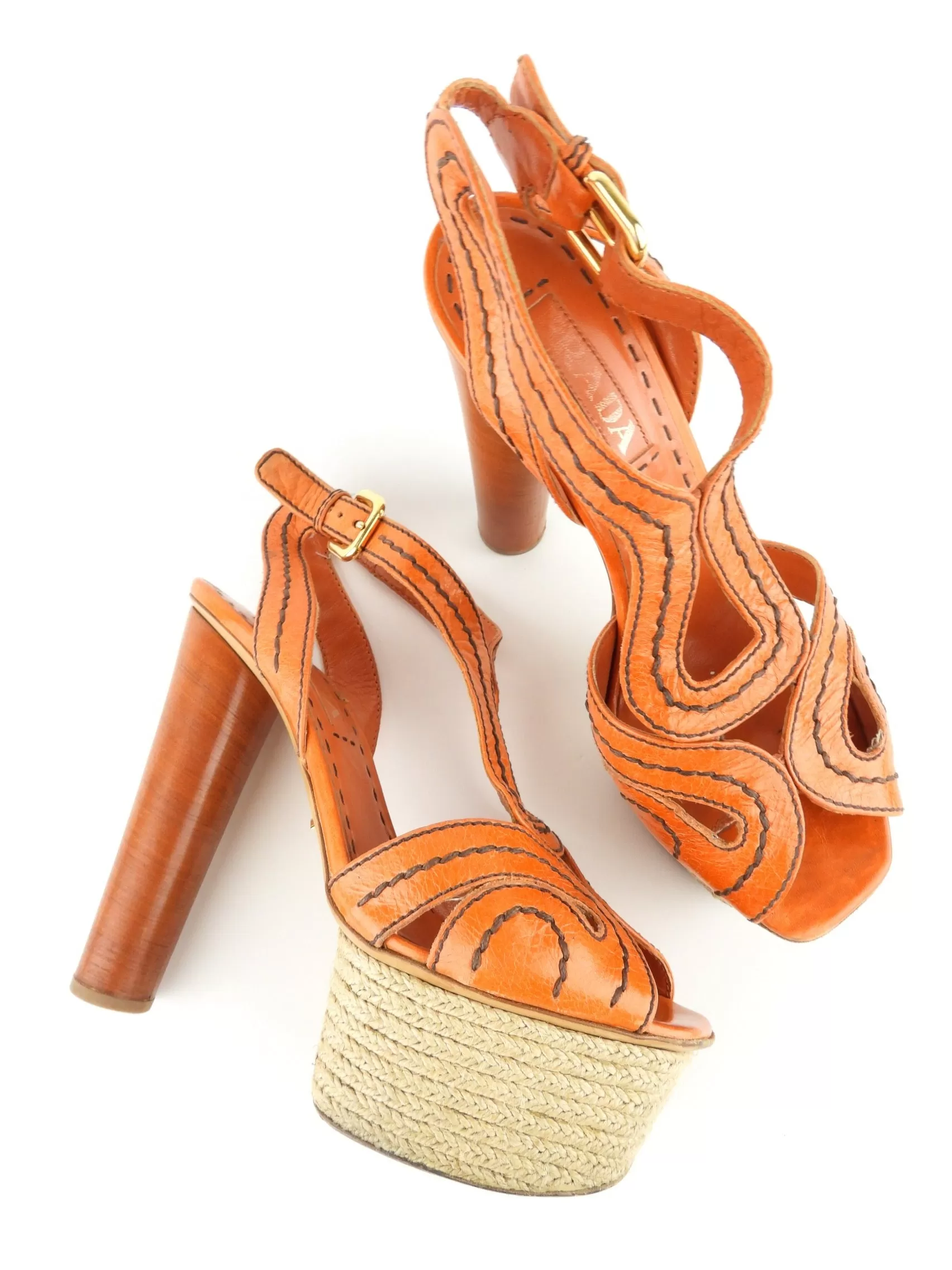 Prada Orange Leather Wood Block Heel Espadrille Platform Sandals - 37.5