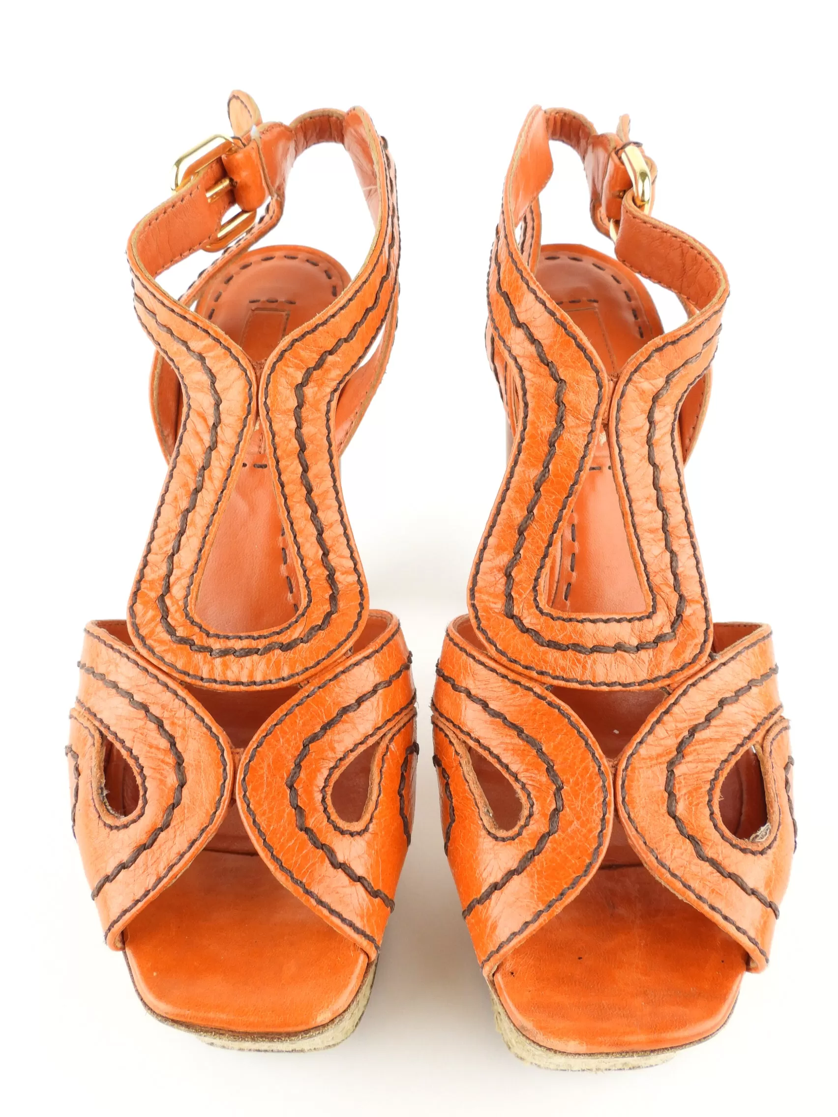 Prada Orange Leather Wood Block Heel Espadrille Platform Sandals - 37.5