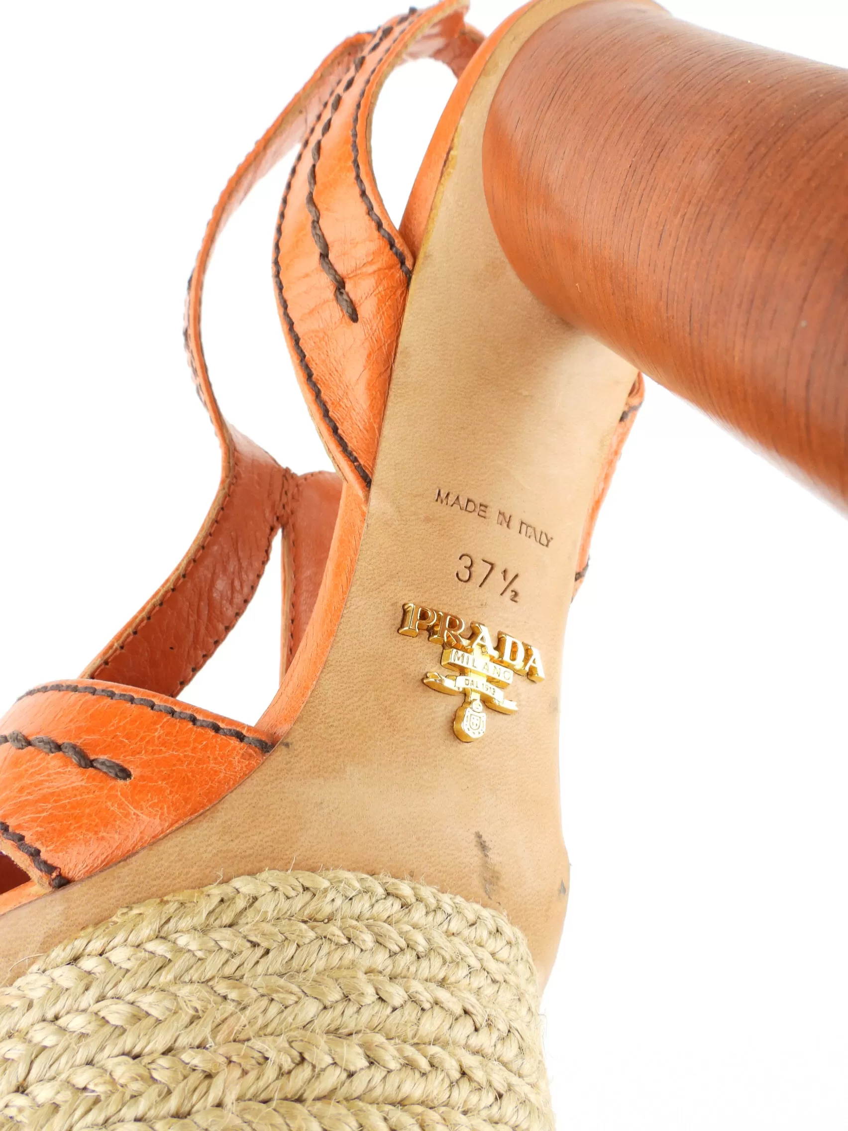 Prada Orange Leather Wood Block Heel Espadrille Platform Sandals - 37.5