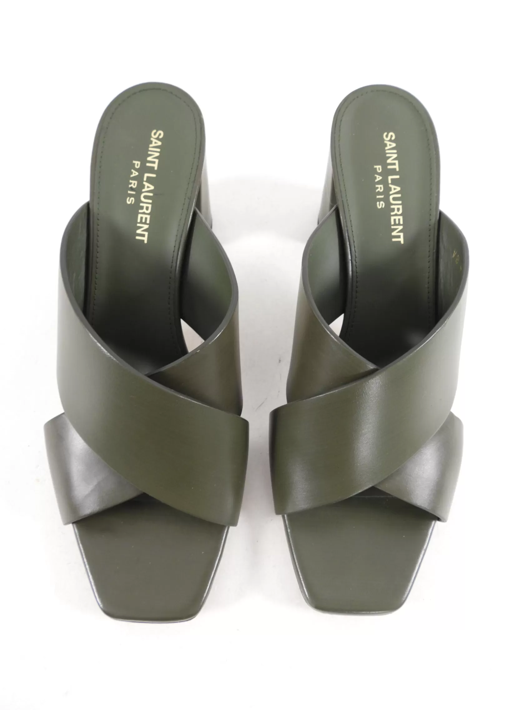 Saint Laurent Olive Green Criss Cross Sandals - 39 / 8.5