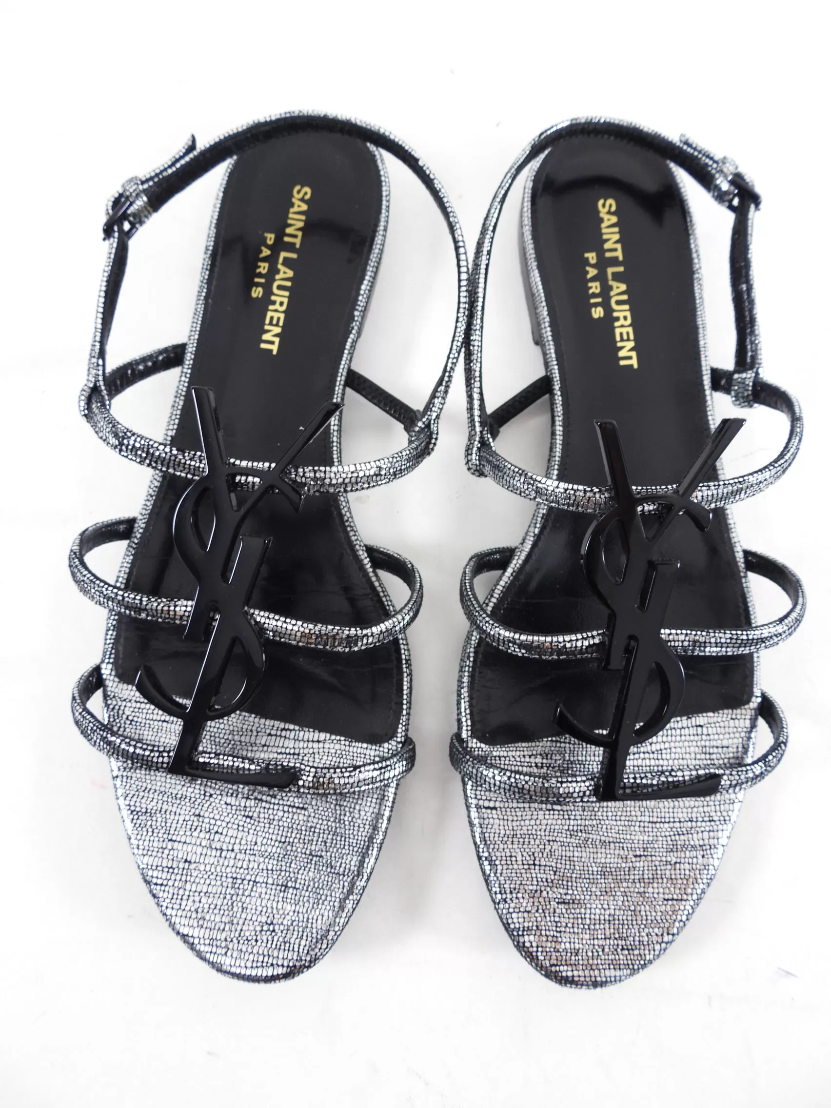 Saint Laurent Silver Monogram Flat Sandals - 38.5 (USA 8)